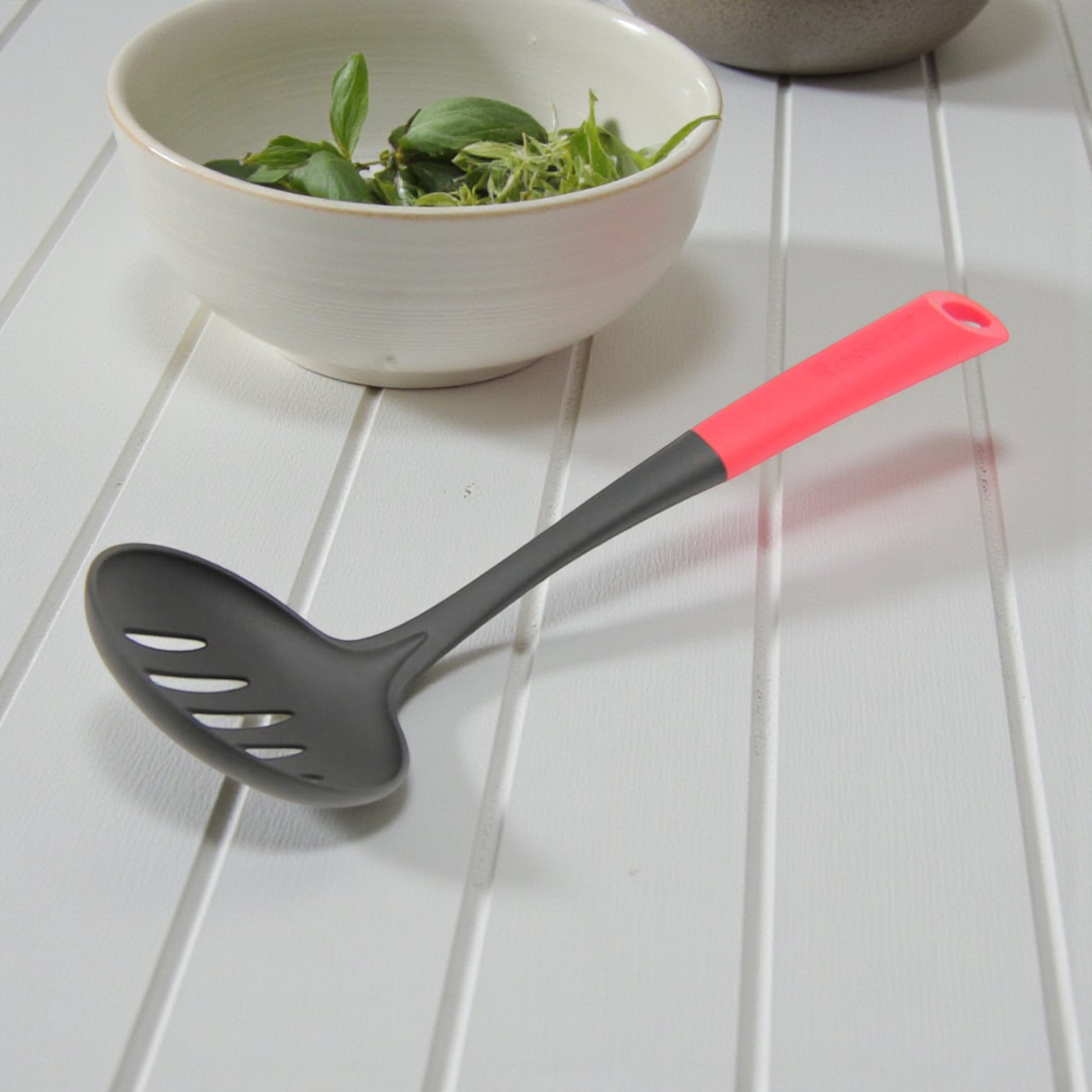 Rossetti® Nylon Slotted Spoon Oil Skimmer & Strainer – Heat Resistant Non-Stick Safe Cooking Utensil with Tough Grip Handle (34.5cm) - Damoo