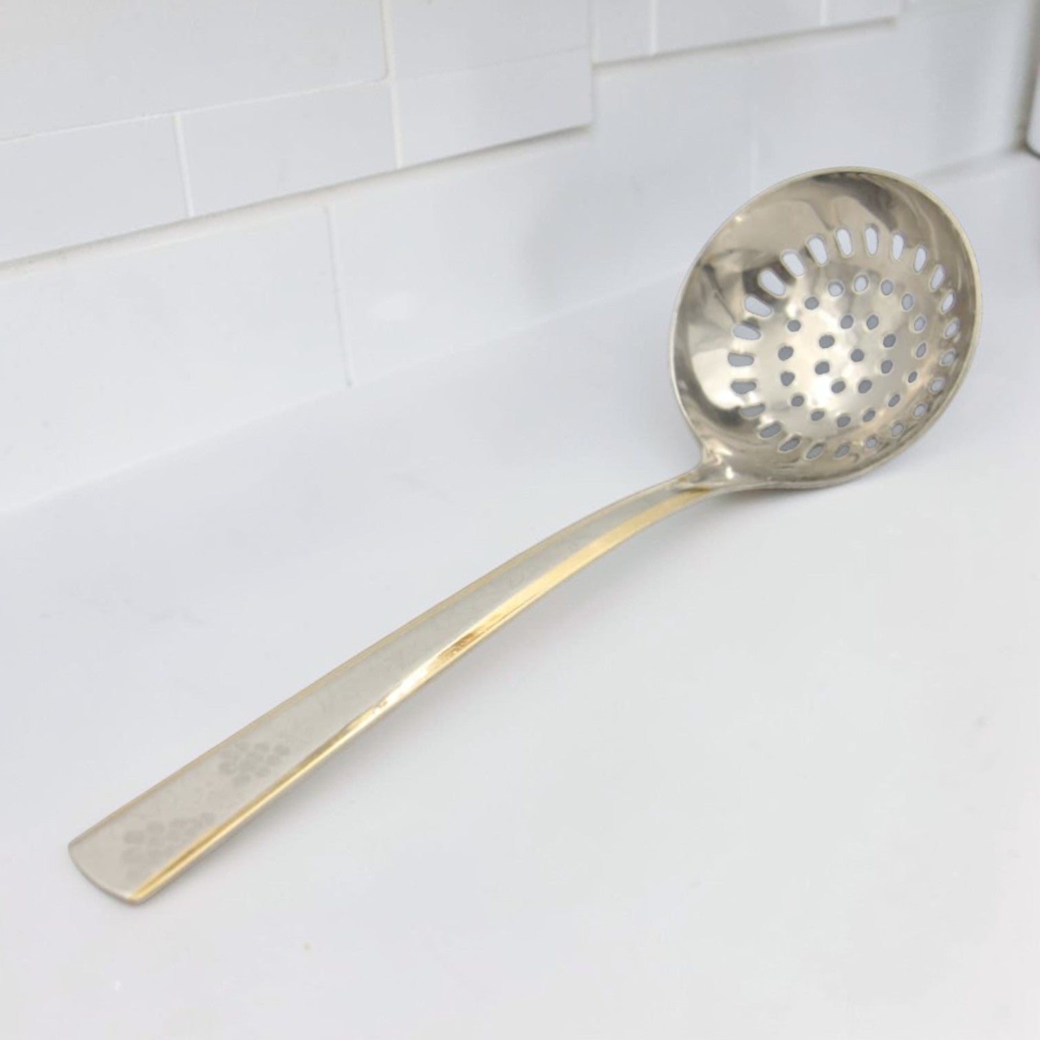 Yuniverse Steel Skimmer Spoon with Perforated Drainage Bowl & Decorative Pattern Handle – Deep Fry Strainer Ladle for Kitchen Cooking & Oil Draining - Damoo