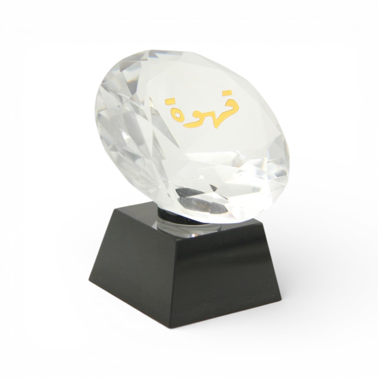 Crystal Arabic Calligraphy Ornament “قهوة” – Luxury Coffee Word Crystal Décor with Black Base, Elegant Home and Majlis Display Piece - Damoo