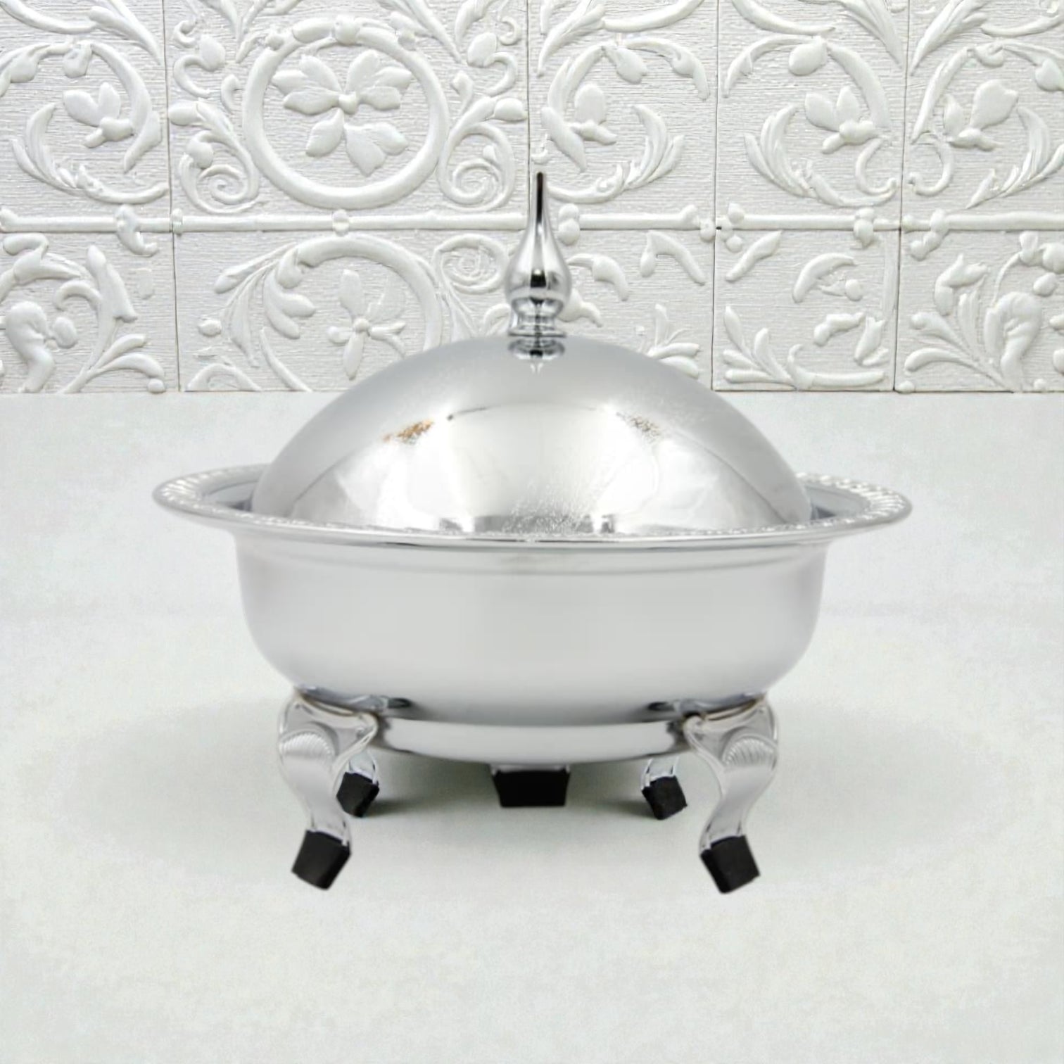 Ansa Luxury Silver Serving Dish with Lid for Dates and Desserts – Elegant Footed Candy Bowl with Dome Cover for Ramadan, Eid, and Majlis Table Decor - Damoo