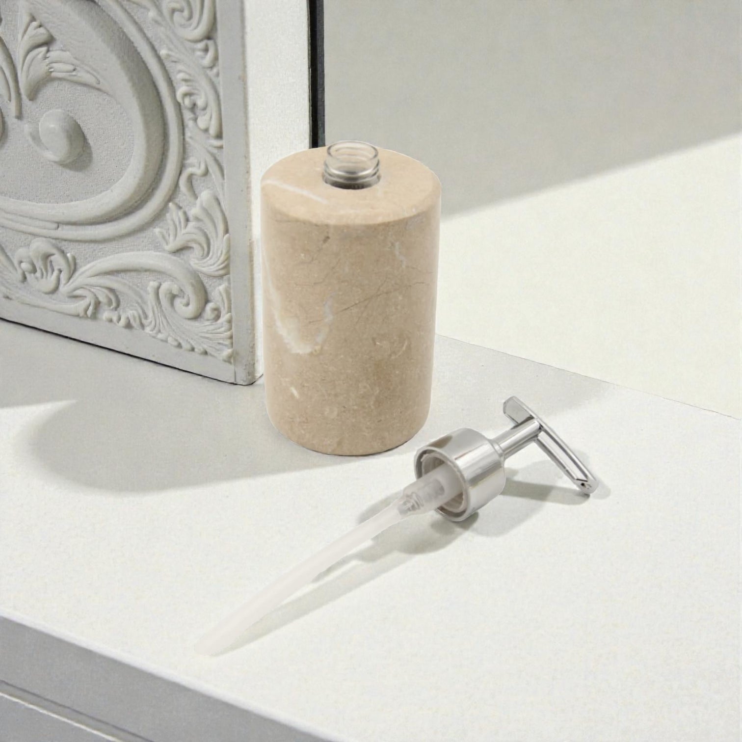 Luxury Marble Soap Dispenser Pump – 18cm Natural Stone Bathroom Lotion Bottle with Silver Pump Head (Empty) – Elegant Countertop Hand Soap & Lotion Holder - Damoo