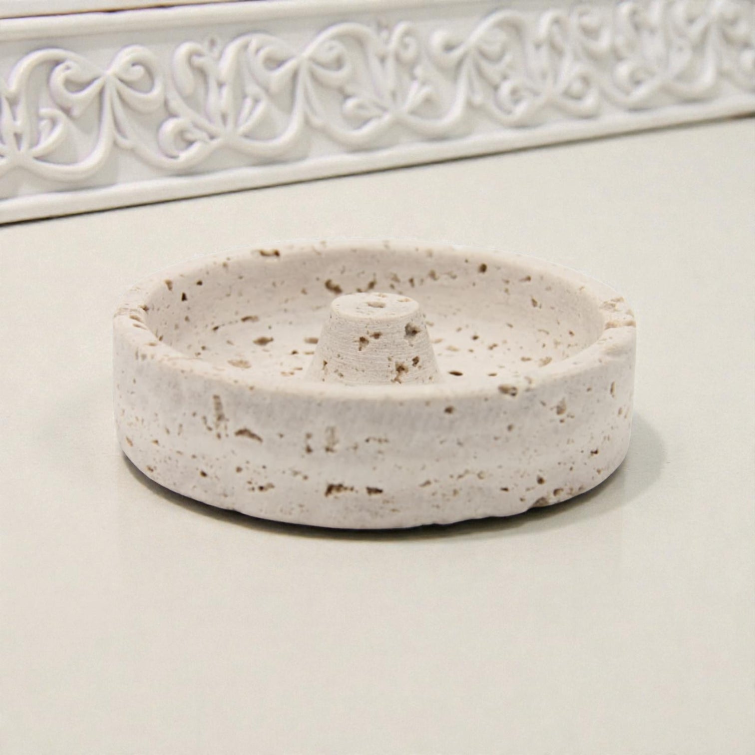 Natural Travertine Stone Incense Burner Holder – Minimalist Round Incense Stick Tray with Center Support – Elegant Home Fragrance Decor for Living Room, Bedroom, and Meditation Space - Damoo