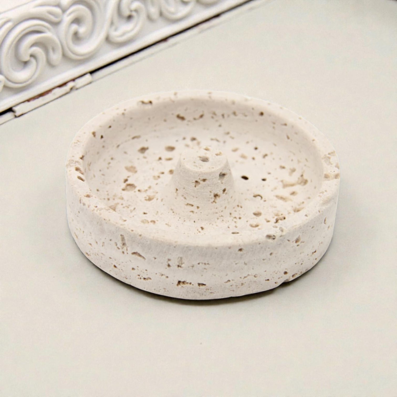 Natural Travertine Stone Incense Burner Holder – Minimalist Round Incense Stick Tray with Center Support – Elegant Home Fragrance Decor for Living Room, Bedroom, and Meditation Space - Damoo