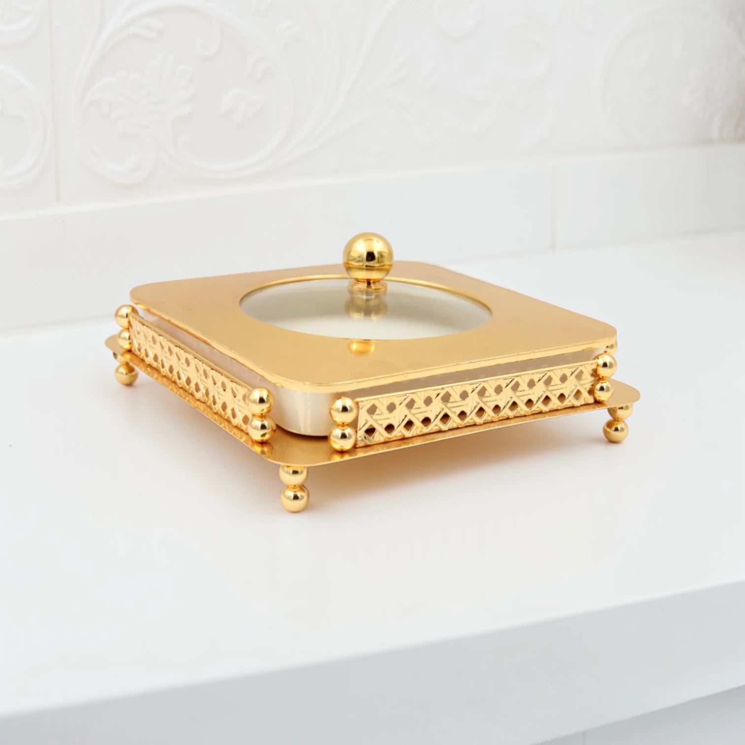 Al Habbai Square Covered Serving Dish with Lid and Decorative Stand – Dessert, Dates & Candy Serving Bowl for Majlis and Elegant Hospitality - Damoo