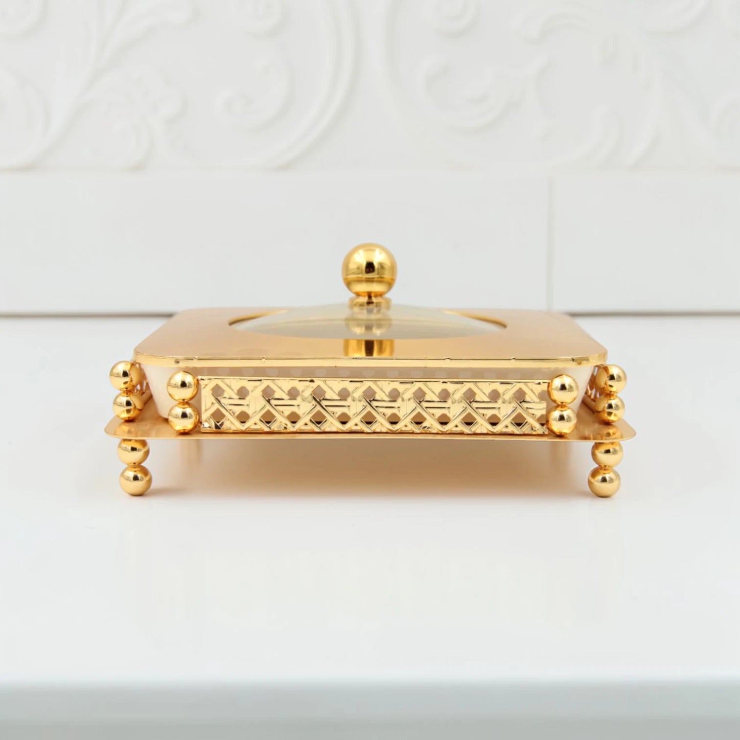 Al Habbai Square Covered Serving Dish with Lid and Decorative Stand – Dessert, Dates & Candy Serving Bowl for Majlis and Elegant Hospitality - Damoo