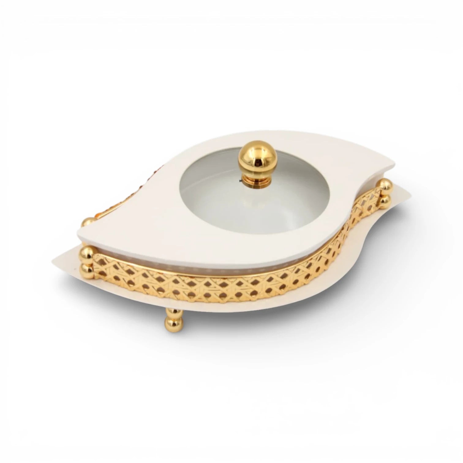 Al Habbai Leaf Shape Covered Serving Dish with Decorative Stand – Elegant Dates, Dessert & Candy Serving Bowl for Majlis Hospitality - Damoo