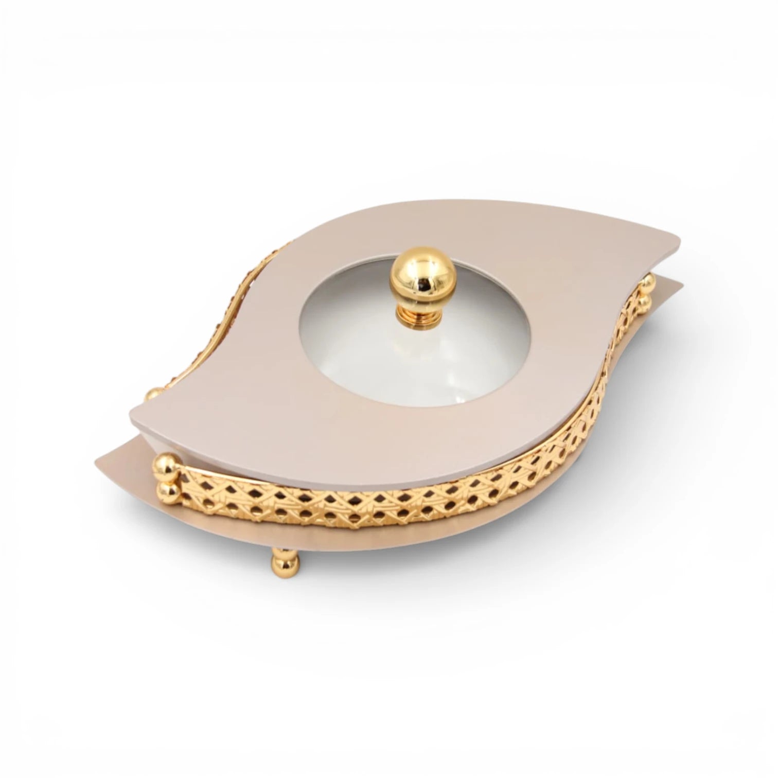 Al Habbai Large Leaf Shape Covered Serving Dish with Decorative Stand – Elegant Dates, Dessert, Candy & Snack Bowl for Majlis Hospitality - Damoo