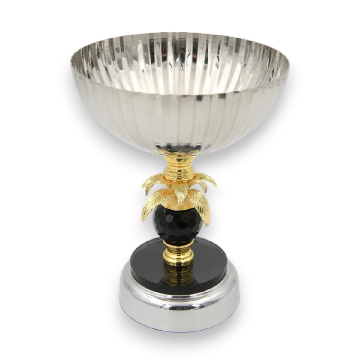Luxury Metal Serving Bowl Stand with Decorative Palm Design & Crystal Accent – Pedestal Fruit Bowl Centerpiece for Table Décor (21H x 16L x 16W CM)