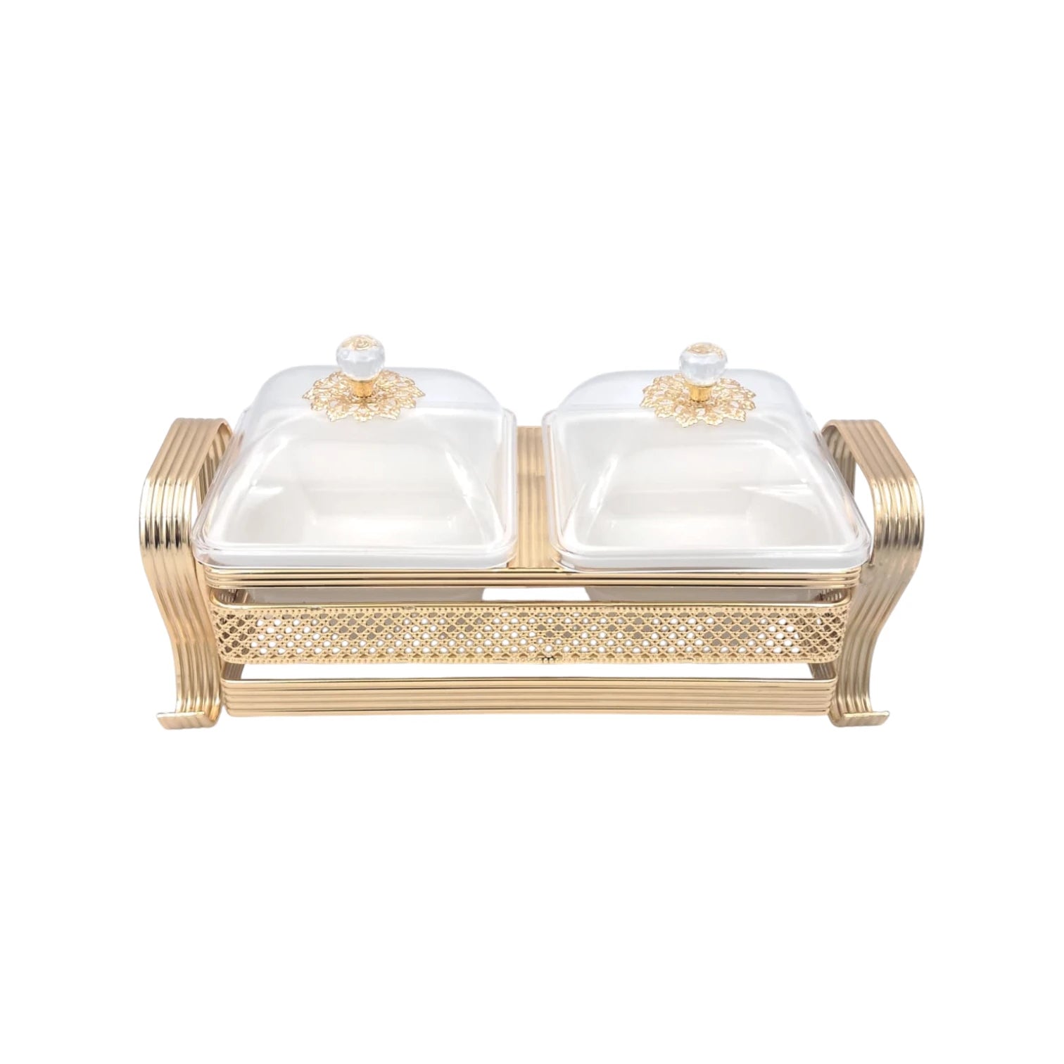 2 Compartment Covered Serving Tray Set with Stand Decorative Snack Server with Lid for Nuts Sweets and Dips (17H x 30.5L x 12W CM) - Damoo