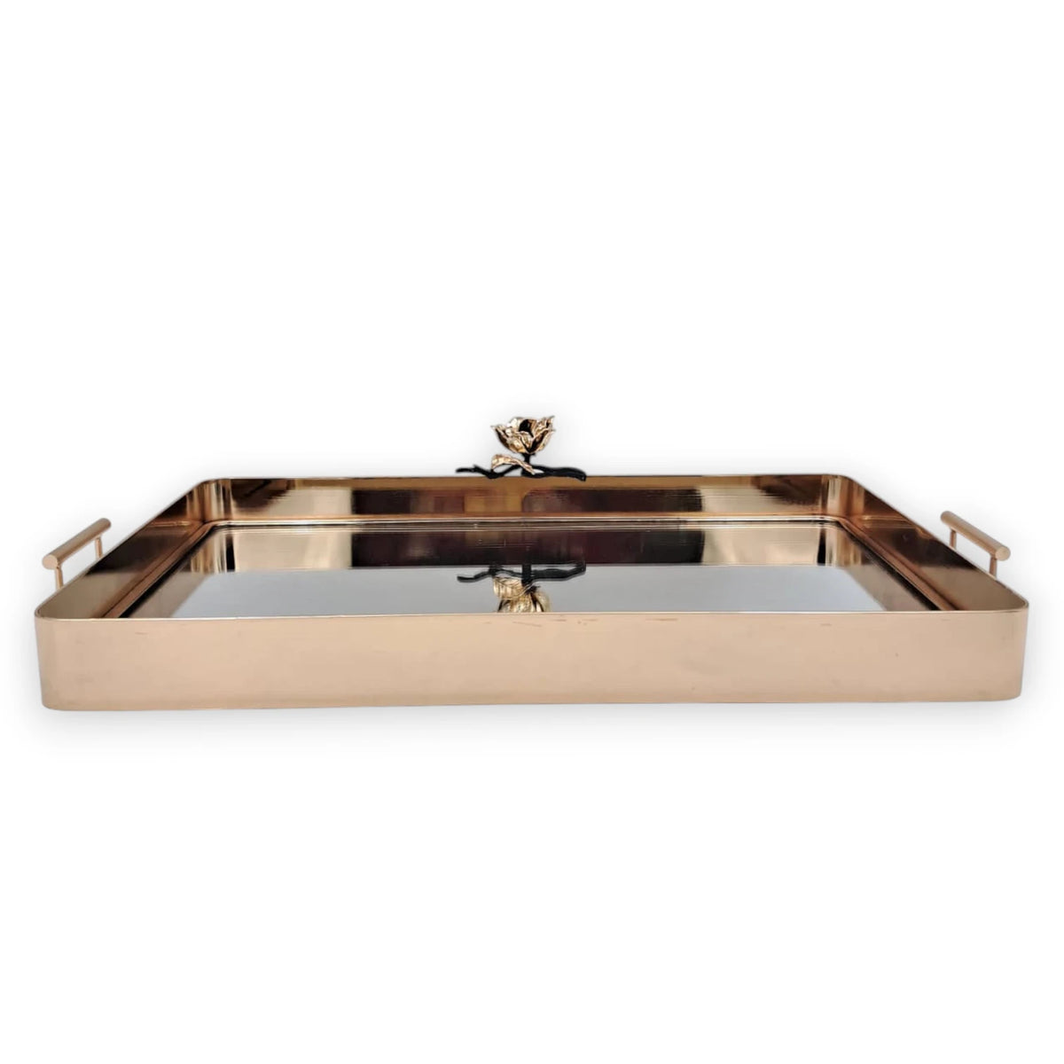 MAY FLOWER Luxury Gold Mirrored Serving Tray with Handles Decorative Vanity Organizer Tray for Coffee Table Dining Table & Home Décor (8H x 48.5L x 30W CM) - Damoo