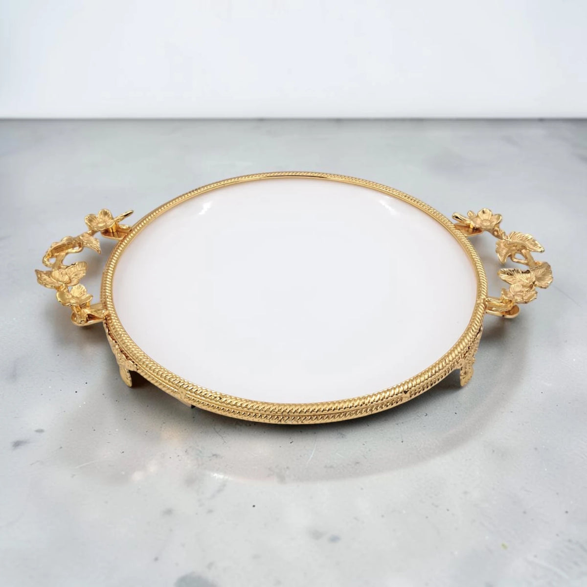 Luxury Round Decorative Serving Tray with Floral Handles and Raised Feet, Elegant Dessert Snack Display Tray for Coffee Table Décor (H(4.5cm) x W(27cm) x L(35cm)) - Damoo