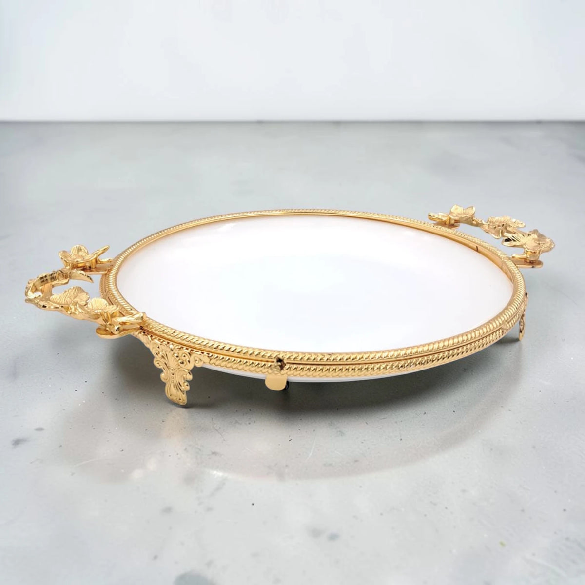 Luxury Round Decorative Serving Tray with Floral Handles and Raised Feet, Elegant Dessert Snack Display Tray for Coffee Table Décor (H(4.5cm) x W(27cm) x L(35cm)) - Damoo