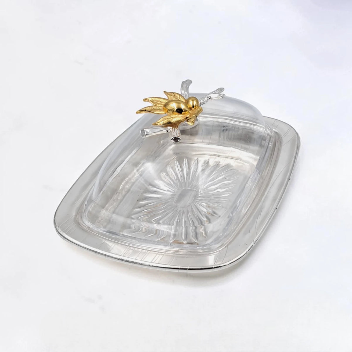 Elegant Butter Dish with Clear Lid & Gold Floral Handle – Premium Serving Tray for Butter, Cheese & Desserts (19 x 13 x 9 cm) - Damoo