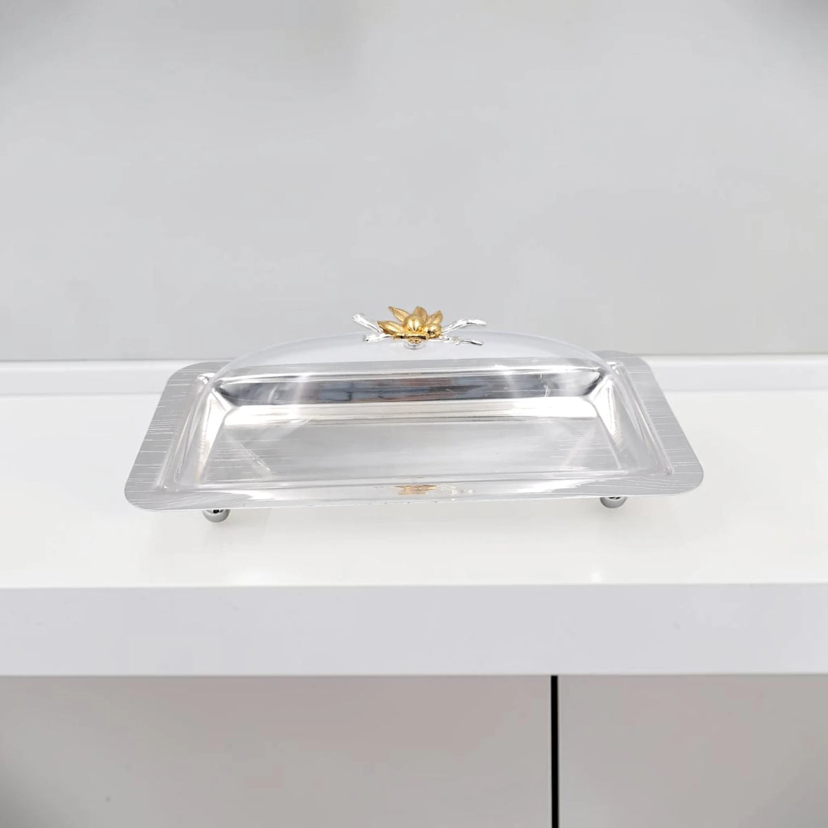 Elegant Rectangular Butter Dish with Clear Lid & Gold Floral Handle – Premium Serving Tray for Butter, Cheese & Desserts (32 x 16 x 12 cm) - Damoo