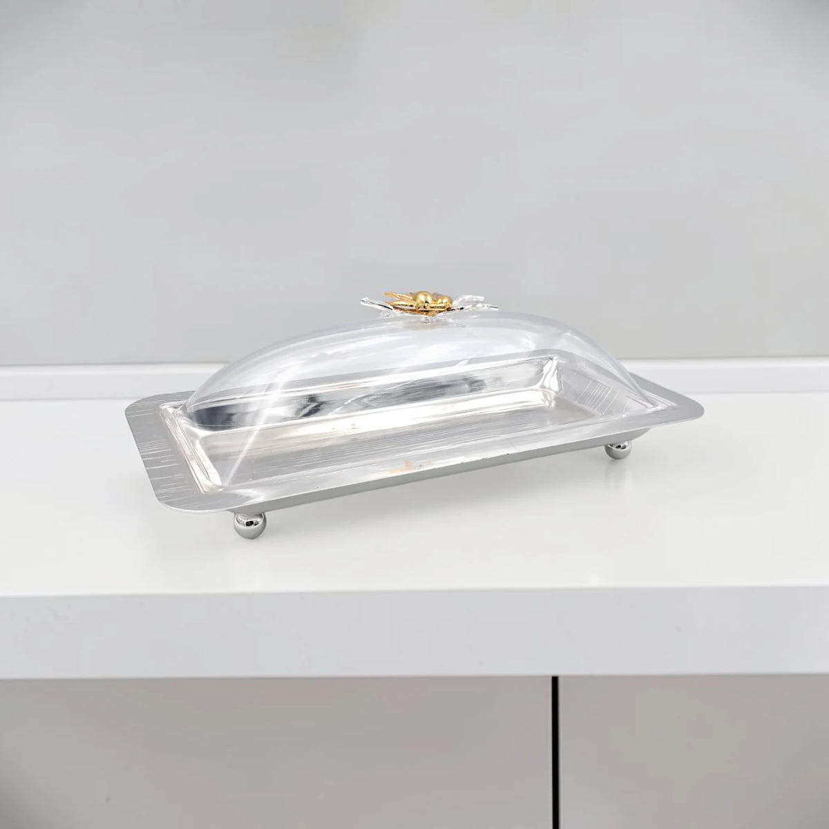 Elegant Rectangular Butter Dish with Clear Lid & Gold Floral Handle – Premium Serving Tray for Butter, Cheese & Desserts (32 x 16 x 12 cm) - Damoo