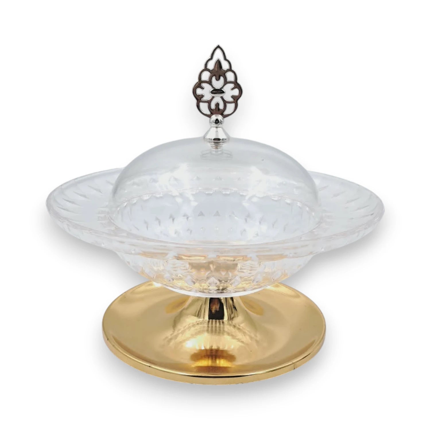 Fursan Elegant Acrylic Serving Bowl with Lid and Gold Base, Decorative Candy & Dessert Dish with Cover, Premium Table Centerpiece (18H x 19.5L × 19.5W CM) - Damoo