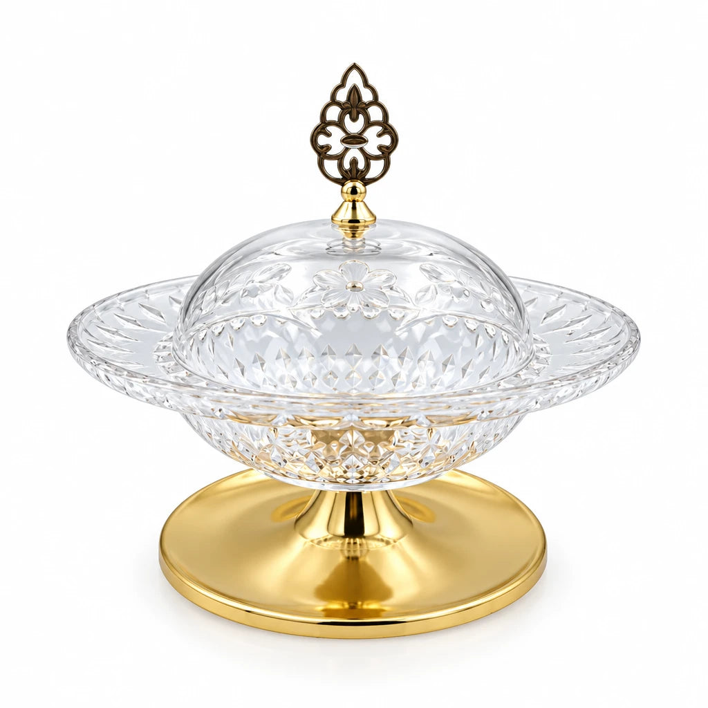 Fursan Elegant Acrylic Serving Bowl with Lid and Gold Base, Decorative Candy & Dessert Dish with Cover, Premium Table Centerpiece (18H x 19.5L × 19.5W CM) - Damoo