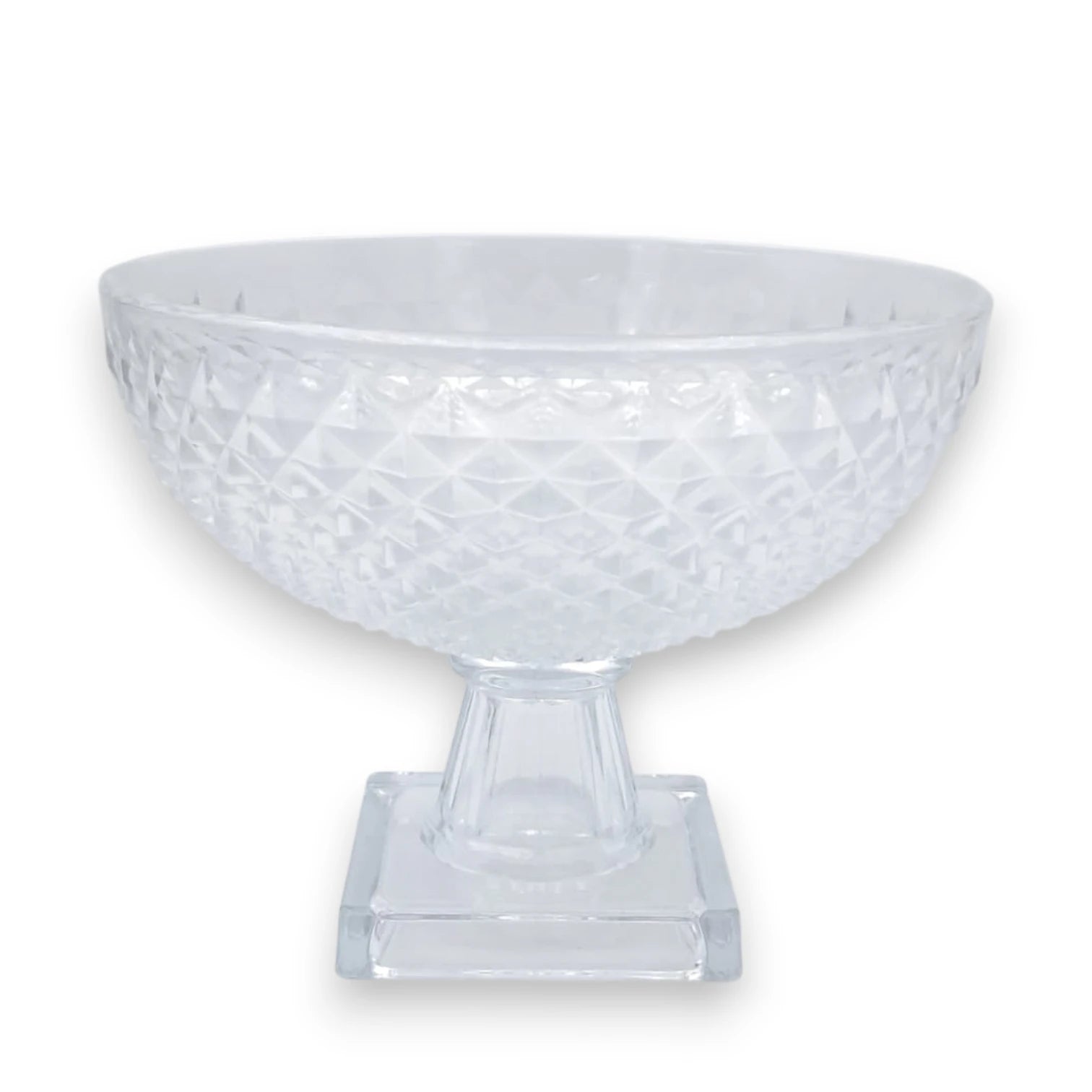 Metropolitan Clear Glass Pedestal Serving Bowl Decorative Fruit & Dessert Display Stand with Textured Diamond Pattern for Dining Table Centerpiece (18H x 23L x 23W CM x Base 10.5CM) - Damoo