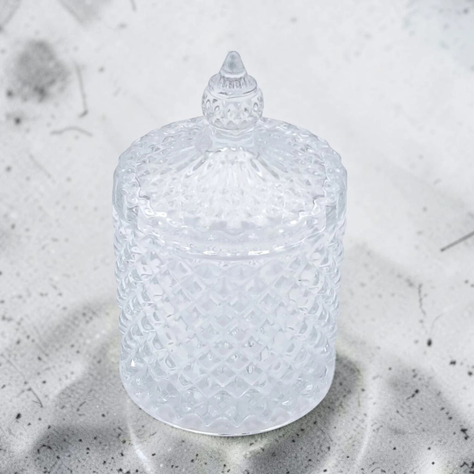 Deli Glassware Decorative Glass Candy Jar with Lid – Crystal Pattern Storage Container for Candy, Sugar, Chocolates, Nuts & Small Treats (11H x 7L × 7W CM)