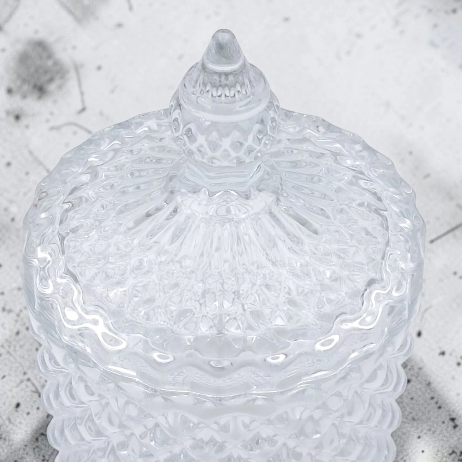 Deli Glassware Decorative Glass Candy Jar with Lid – Crystal Pattern Storage Container for Candy, Sugar, Chocolates, Nuts & Small Treats (11H x 7L × 7W CM)