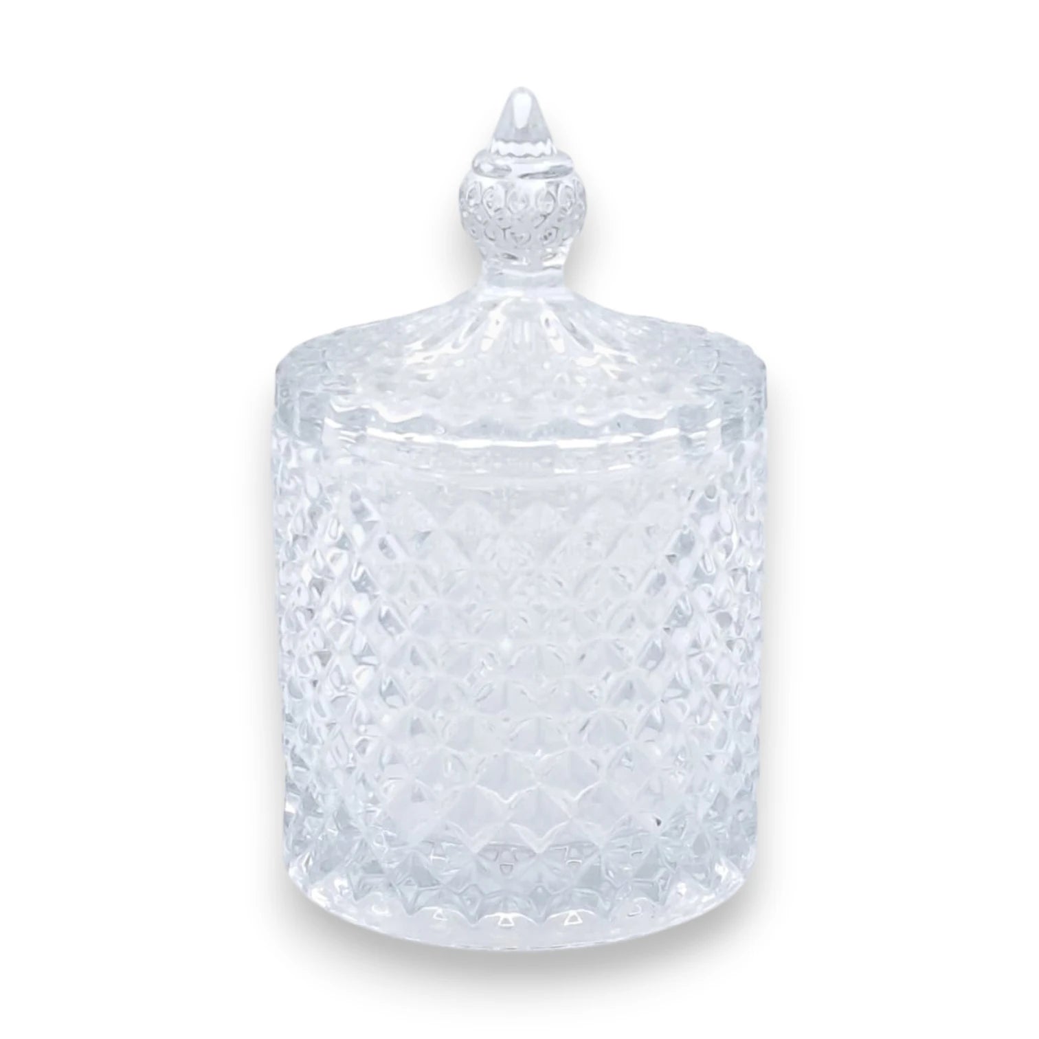 Deli Glassware Decorative Glass Candy Jar with Lid – Crystal Pattern Storage Container for Candy, Sugar, Chocolates, Nuts & Small Treats (11H x 7L × 7W CM)