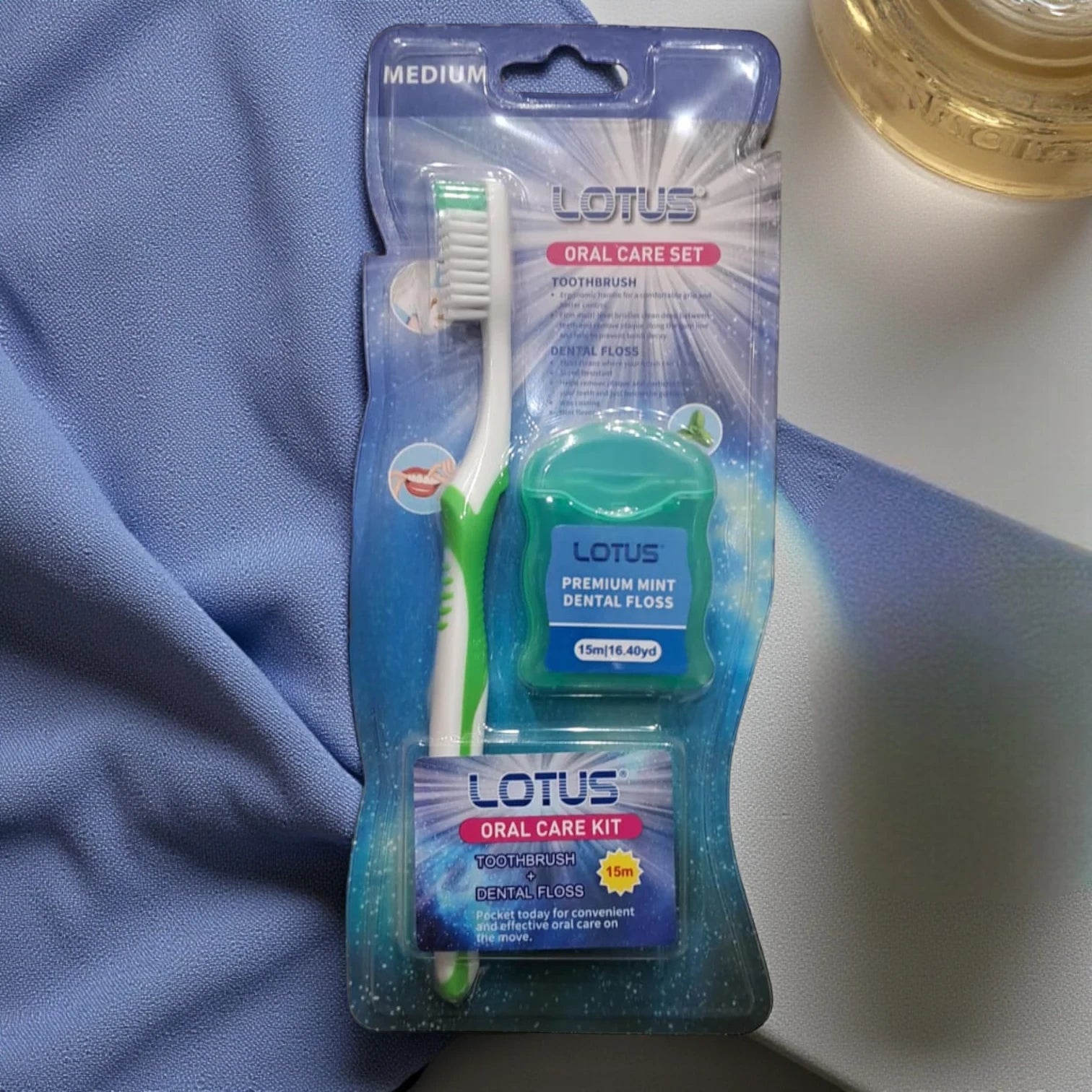 Lotus Oral Care Kit with Medium Toothbrush & Premium Mint Dental Floss – Daily Fresh Breath & Complete Oral Hygiene (15m Floss) - Damoo