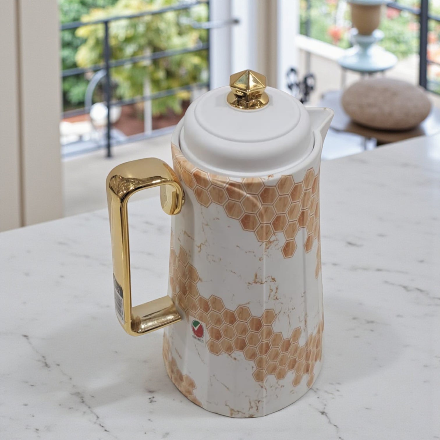 HAMID Vacuum Flask – Luxury Honeycomb Pattern Thermal Jug with Golden Lid & Handle | Elegant Insulated Coffee & Tea Pot, Double-Wall Heat Retention for Home, Office & Gifting - Damoo