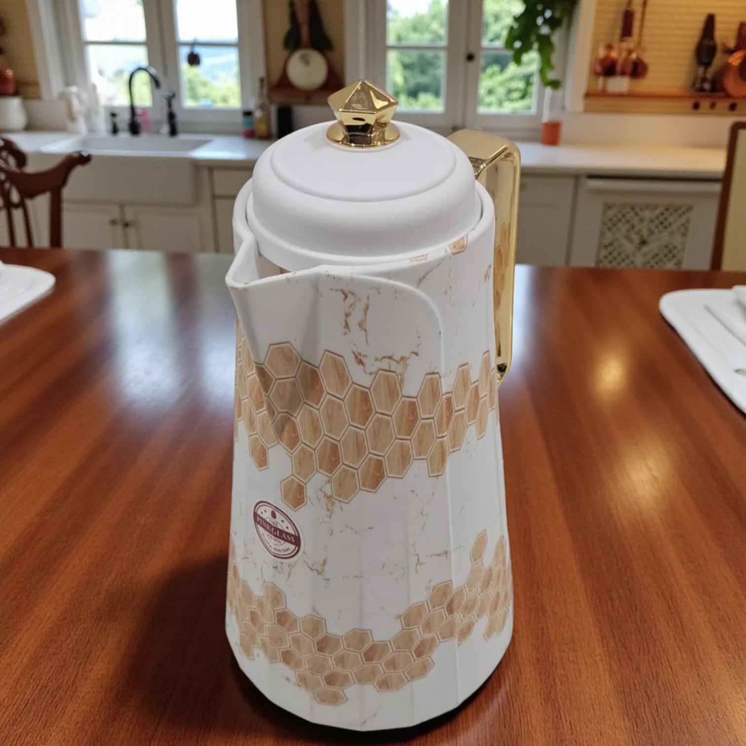 HAMID Vacuum Flask – Luxury Honeycomb Pattern Thermal Jug with Golden Lid & Handle | Elegant Insulated Coffee & Tea Pot, Double-Wall Heat Retention for Home, Office & Gifting - Damoo