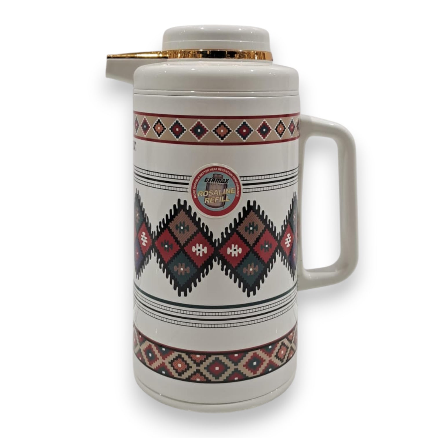 GERMAX 1 Liter Rosaline Vacuum Flask – Arabic Pattern Thermal Jug with Golden Lid | Double-Wall Insulated Coffee & Tea Pot, Elegant Hot & Cold Beverage Dispenser - Damoo