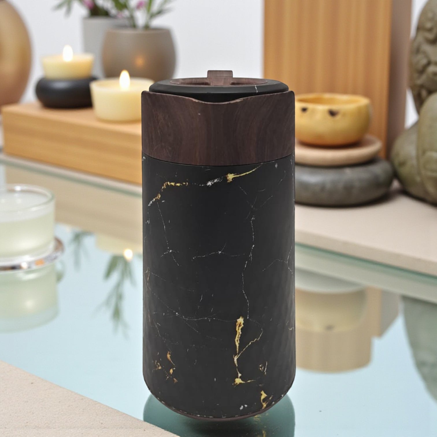 Lavin Luxurious Life 1L Black Marble & Wood Finish Vacuum Flask – Elegant Thermal Coffee & Tea Pot | Double-Wall Insulated Jug for Hot & Cold Drinks - Damoo