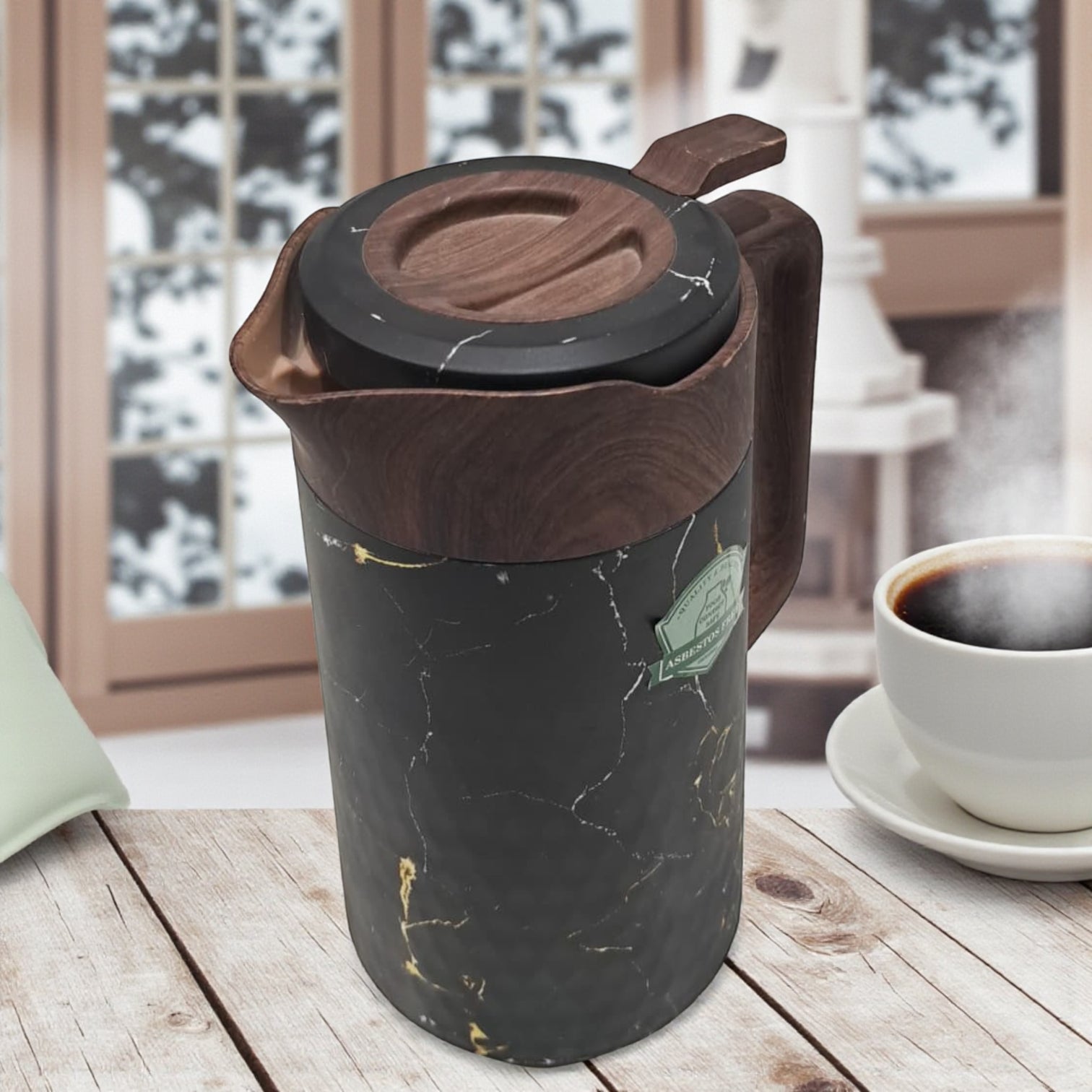 Lavin Luxurious Life 1L Black Marble & Wood Finish Vacuum Flask – Elegant Thermal Coffee & Tea Pot | Double-Wall Insulated Jug for Hot & Cold Drinks - Damoo
