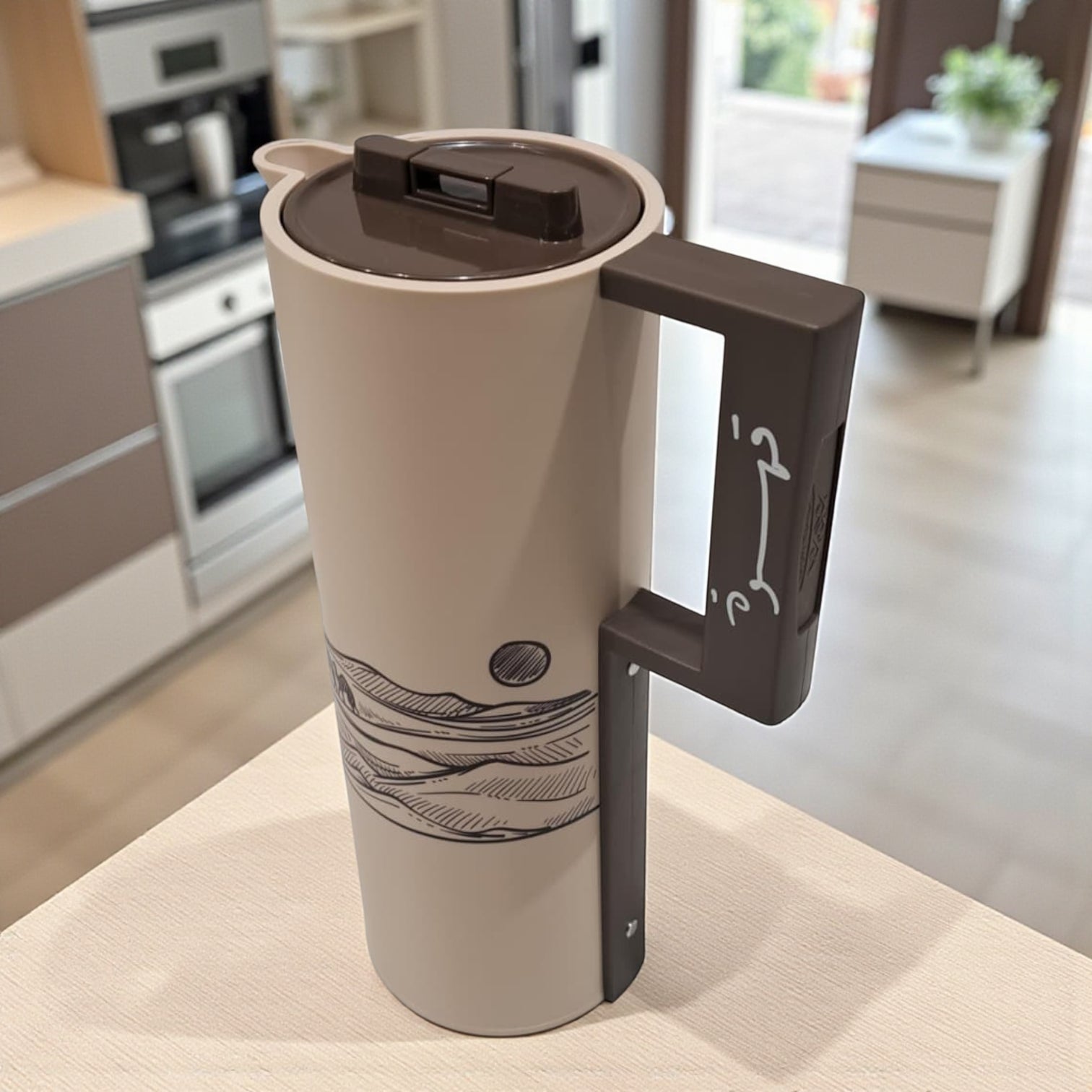 1L Arabic Style Vacuum Flask with Camel Desert Design – Double Wall Insulated Coffee Thermos with Secure Lid and Ergonomic Handle - Damoo