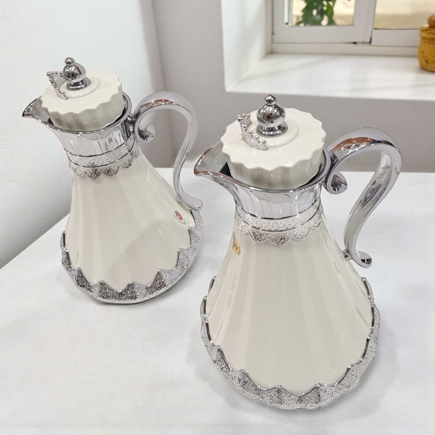 Najib Premium Quality Vacuum Flask Set – 0.7L & 1.0L | Elegant Double-Wall Insulated Jugs with Crown Lid & Ornate Handle | Ideal for Hot & Cold Beverages | Modern Style Collection - Damoo