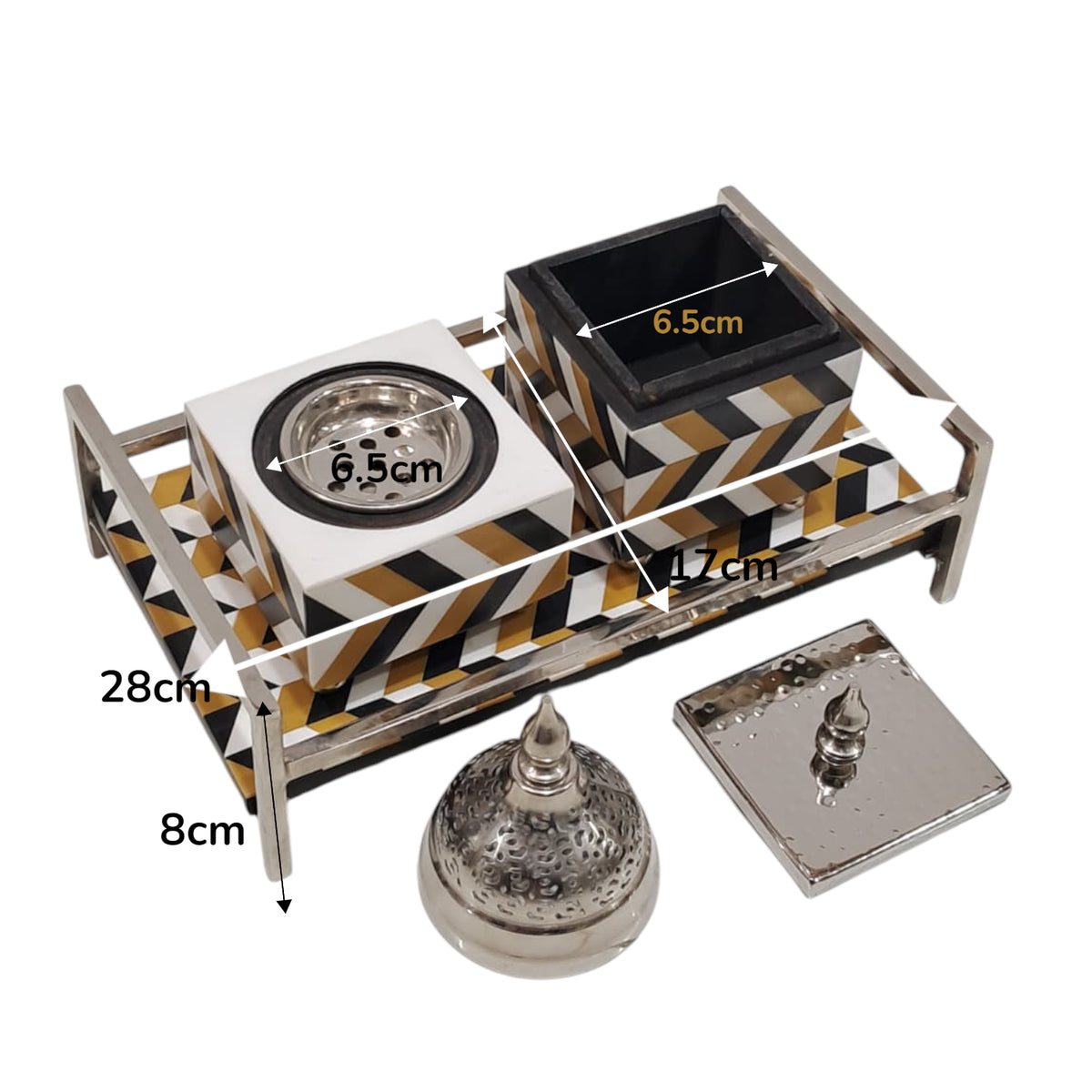 Luxury Geometric Bukhoor & Mabkhara Set with Metal Lid and Tray – Modern Black, White & Gold Resin Incense Burner for Home, Majlis & Gifting - Damoo