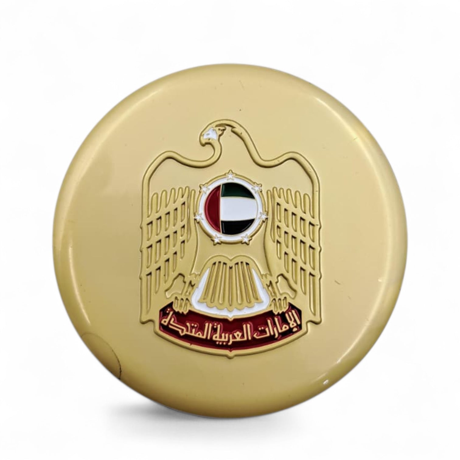 UAE National Emblem Round Metal Badge – Elegant Golden Finish Pin with Official Eagle Crest for National Day, Flag Day, and Corporate Celebrations - Damoo