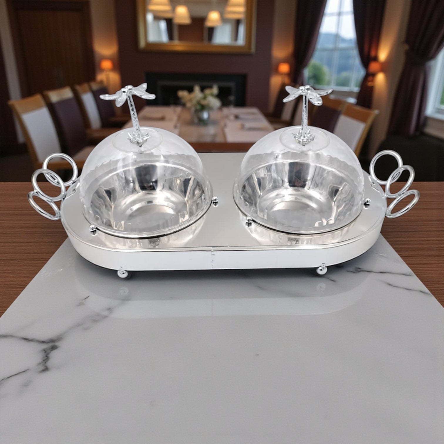 Double Dome Palm Tree Serving Tray – Silver Metal Base with Clear Acrylic Lids | Elegant Dual Dish Server for Desserts, Snacks & Sweets