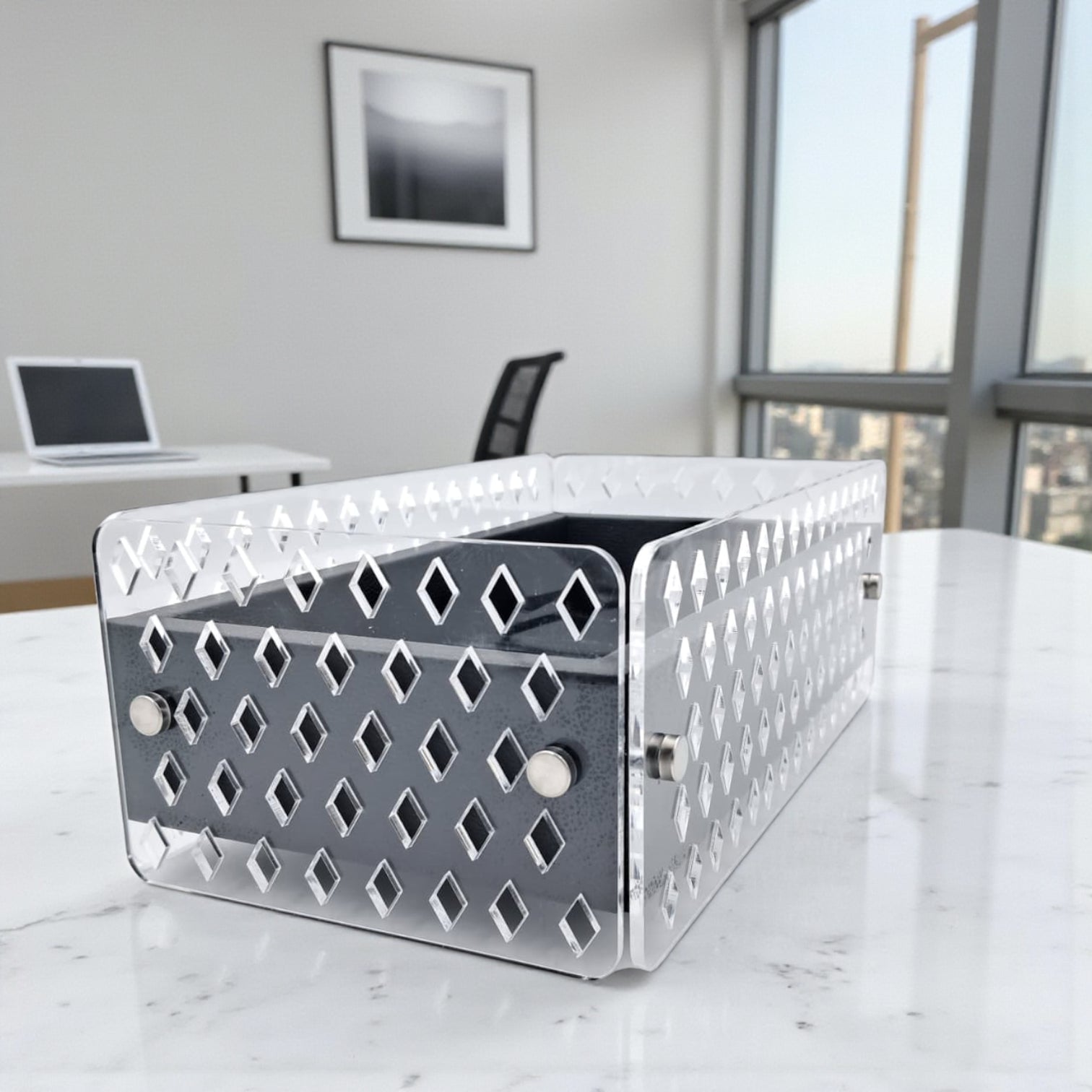 Modern Acrylic Decorative Box with Geometric Cutout Design – Elegant Storage Organizer with Lid for Kitchen, Bathroom, or Living Room