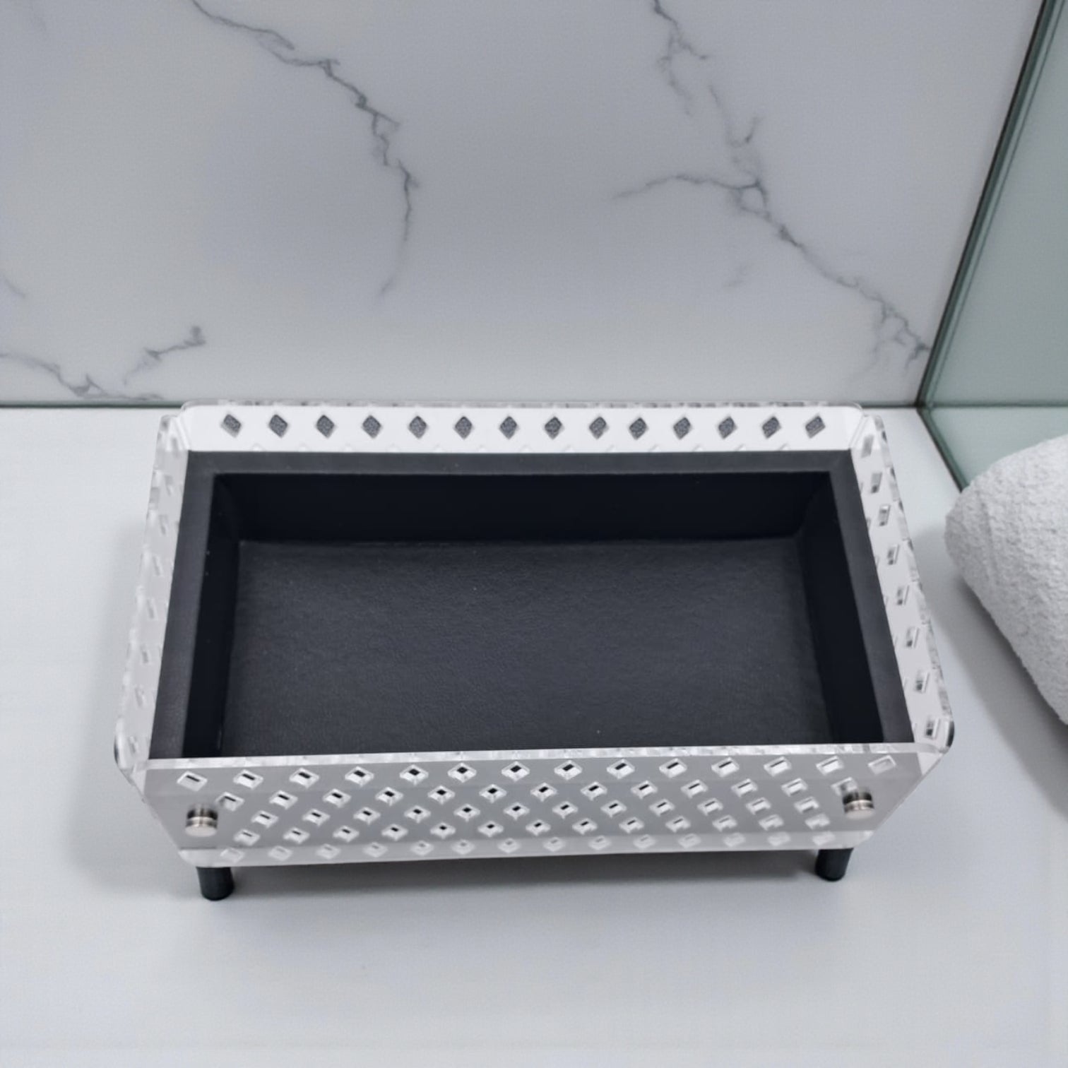 Modern Acrylic Decorative Box with Geometric Cutout Design – Elegant Storage Organizer with Lid for Kitchen, Bathroom, or Living Room
