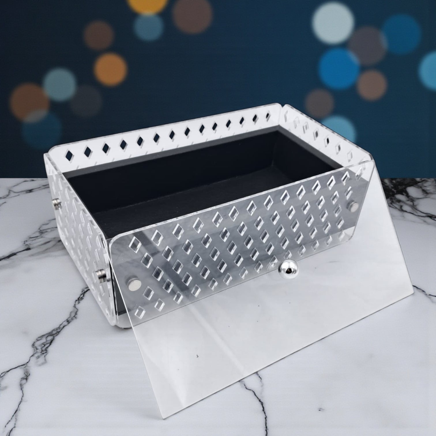 Modern Acrylic Decorative Box with Geometric Cutout Design – Elegant Storage Organizer with Lid for Kitchen, Bathroom, or Living Room