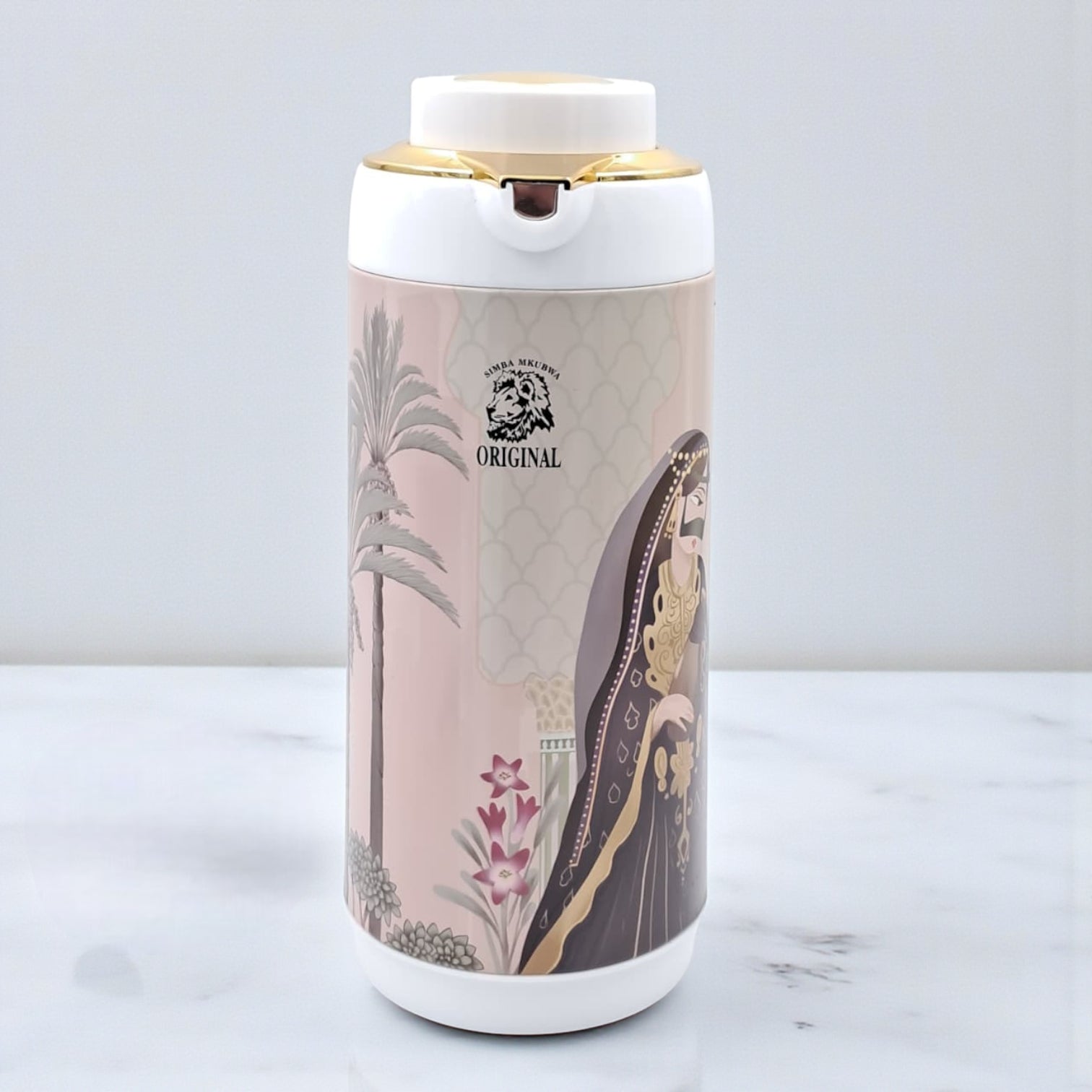 Simba Mkubwa Original Thermos Flask | Premium Insulated Hot & Cold Beverage Server | Arabic Heritage Design with Gold Finish Lid