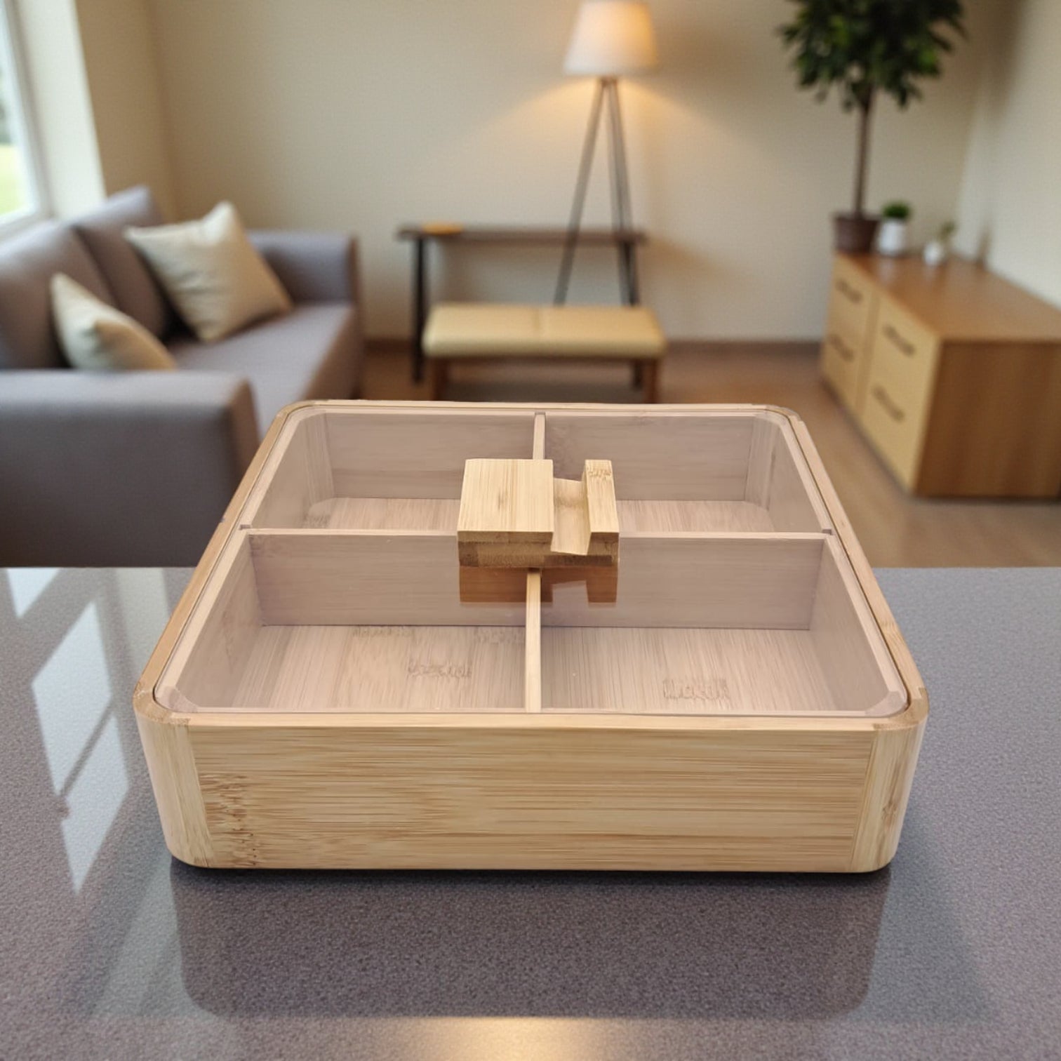 Bamboo Wooden Storage Box with Acrylic Lid | 4-Compartment Organizer for Snacks, Dry Fruits, Tea Bags & Spices | Elegant Square Serving Box with Transparent Cover