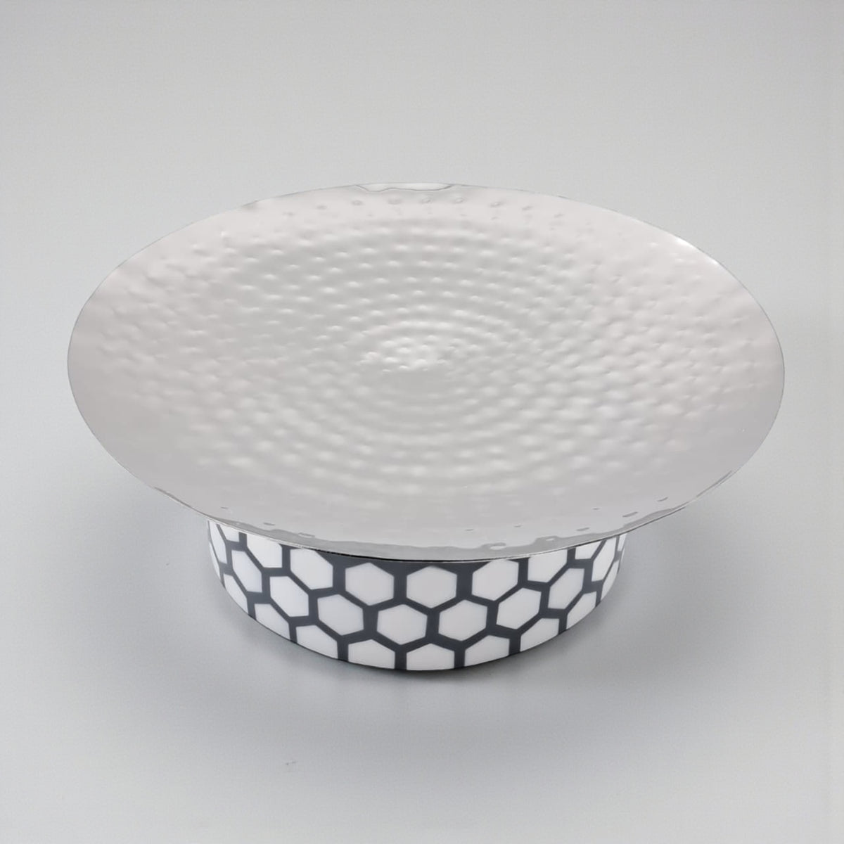Elegant Hammered Metal Cake Stand with Geometric Base | Modern Dessert & Serving Display | Durable Decorative Table Centerpiece