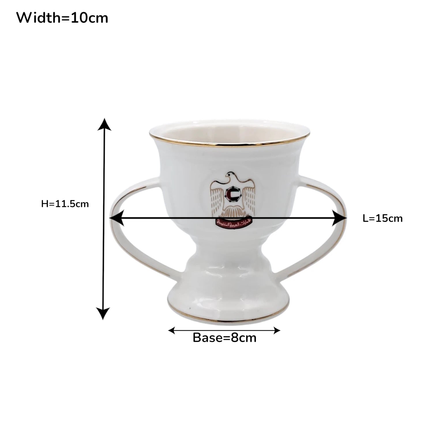 UAE Incense Burner Cup with Double Handles & Removable Metal Tray – Bakhoor Oud Burner with Emirati Logo (H(11.5cm) x W(10cm) x L(15cm) x Base(8cm)) - Damoo