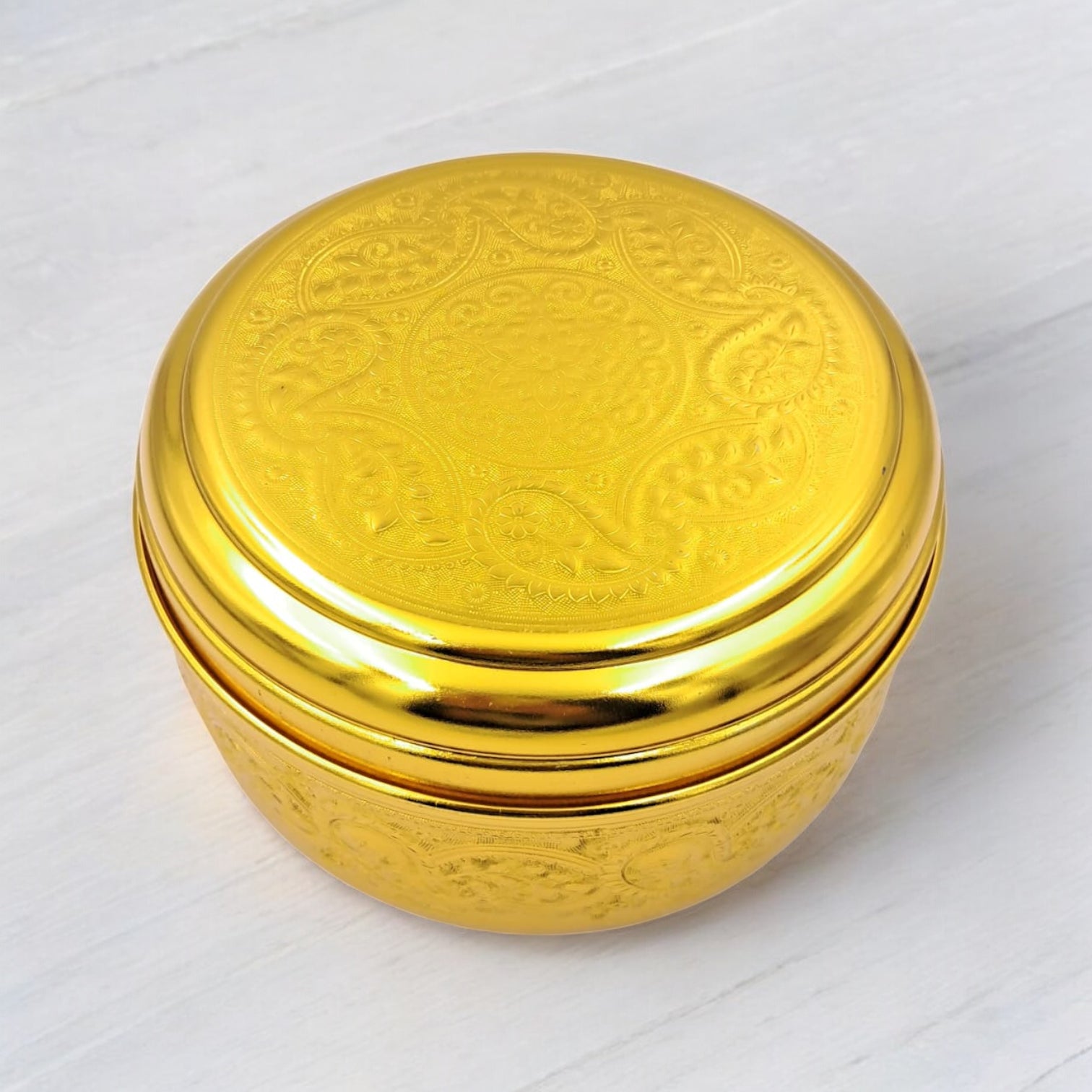 Arabic Embossed Metal Storage Container – Premium Round Box with Lid for Dry Fruits, Dates, Sweets, Spices, Jewelry & Gifting | Decorative Traditional Design | 21cm Large Size