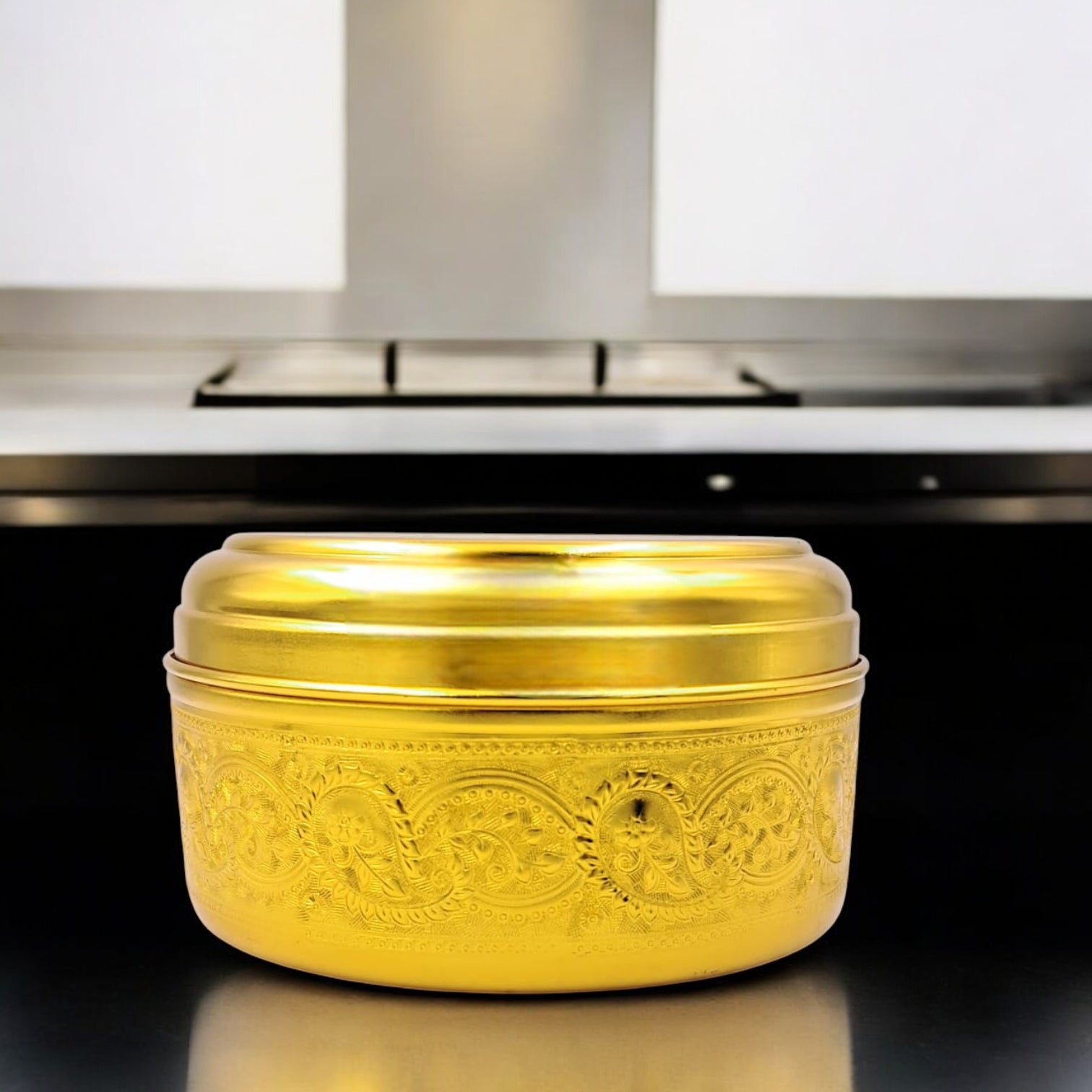 Arabic Embossed Metal Storage Container – Premium Round Box with Lid for Dry Fruits, Dates, Sweets, Spices, Jewelry & Gifting | Decorative Traditional Design | 21cm Large Size