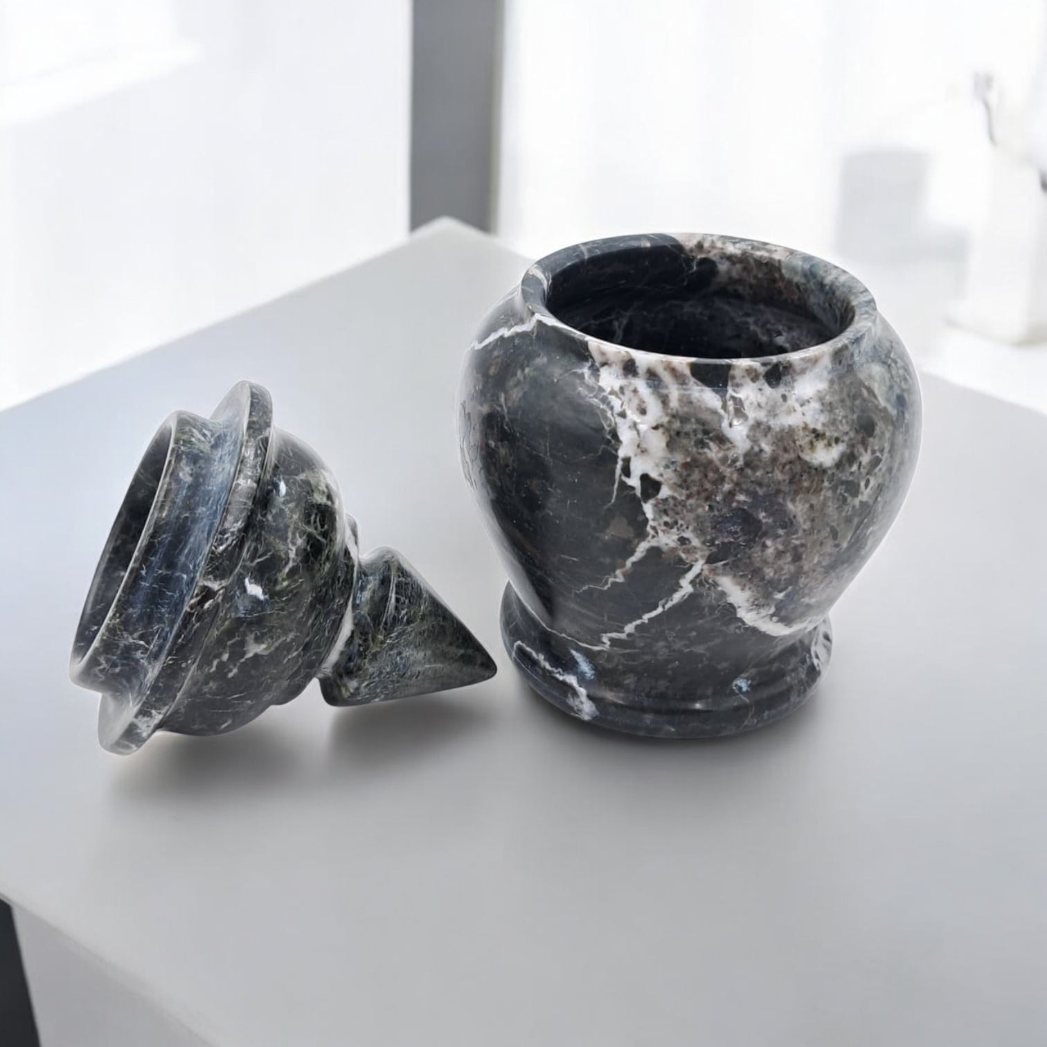 Luxury Hand-Carved Natural Marble Storage Jar with Lid – Elegant Decorative Organizer for Home & Majlis - Damoo