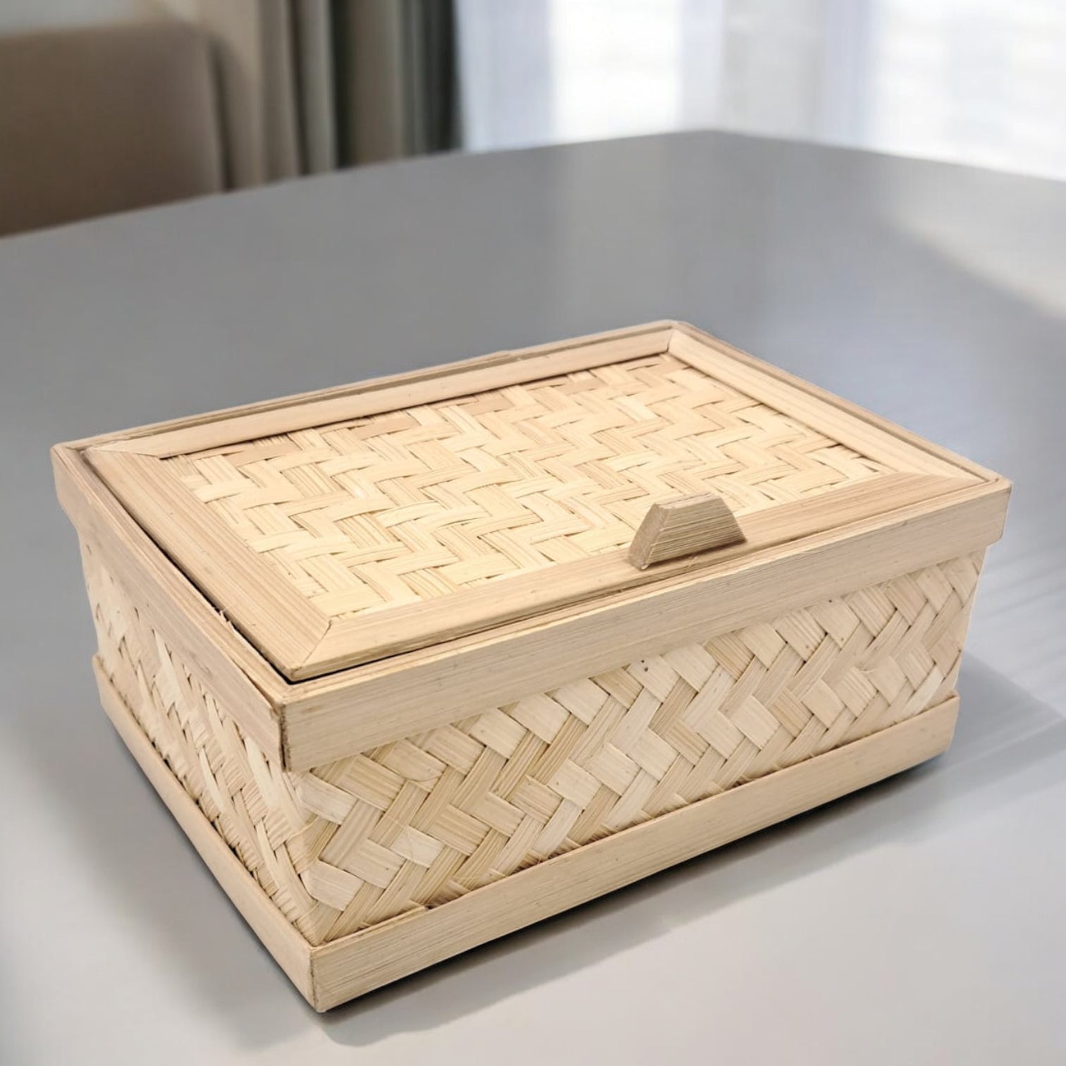 Handwoven Bamboo Storage Box with Lid – Natural Rectangular Organizer for Home & Gift Use (9H x 18L x 12.5W CM) - Damoo