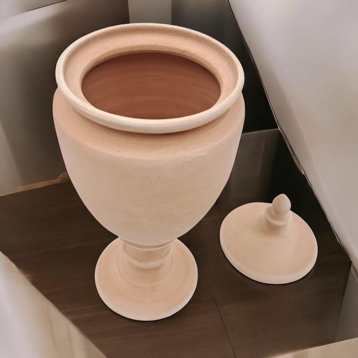 Handcrafted Natural Clay Pedestal Storage Jar with Lid – Minimal Rustic Home Décor Vessel (23H x 10.5L × 10.5W CM) - Damoo