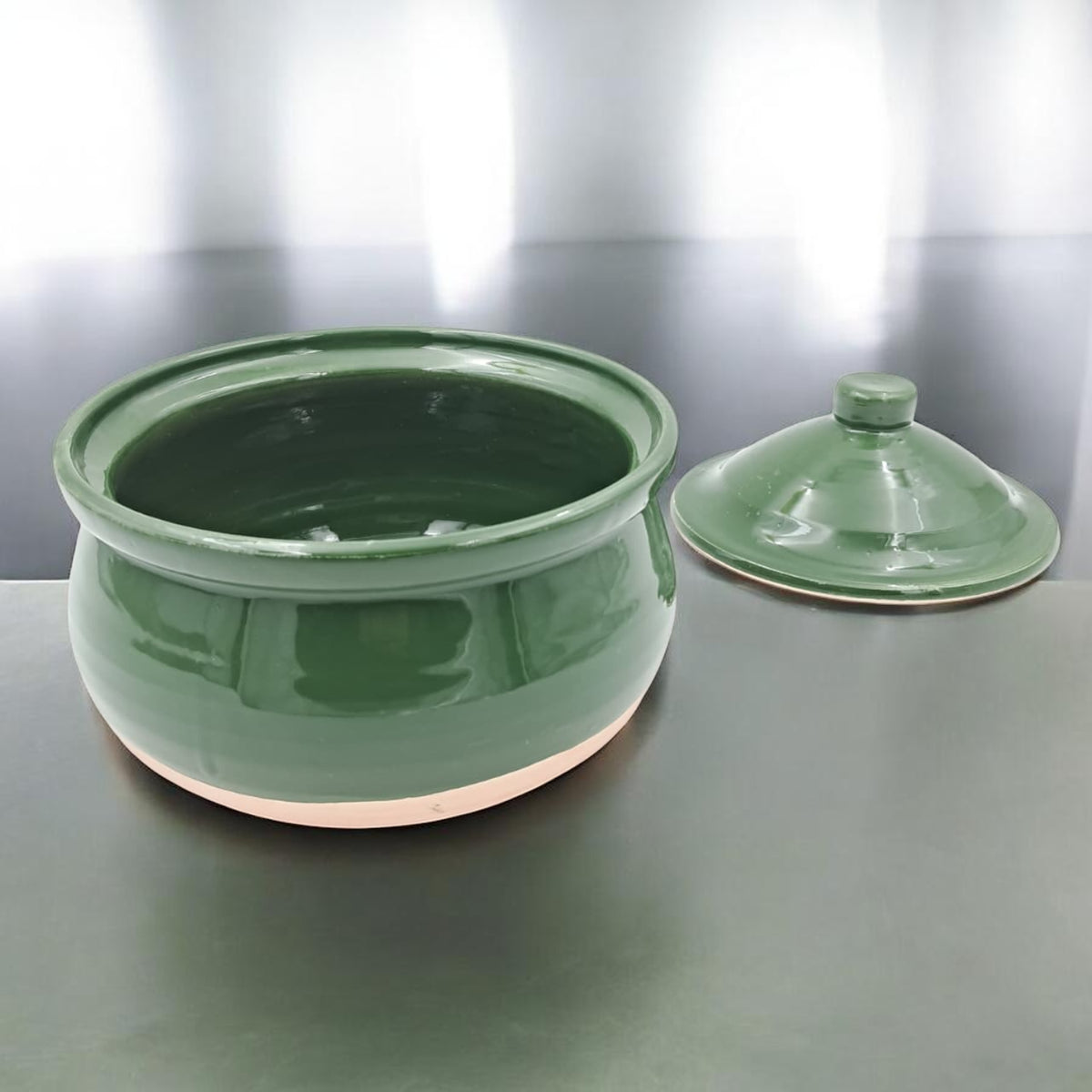 Green Glazed Ceramic Storage Pot with Lid – Multipurpose Kitchen Container for Sugar, Spices & Dry Food (17H x 20L × 20W CM) - Damoo