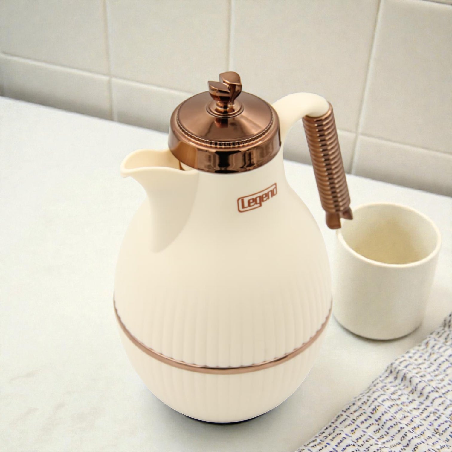 LEGAND Premium Thermos Flask with Gold Handle – Elegant Insulated Vacuum Jug for Hot & Cold Drinks, Durable Plastic Body, Glass Liner, Push Button Pouring, Ideal for Tea, Coffee & Arabic Hospitality - Damoo